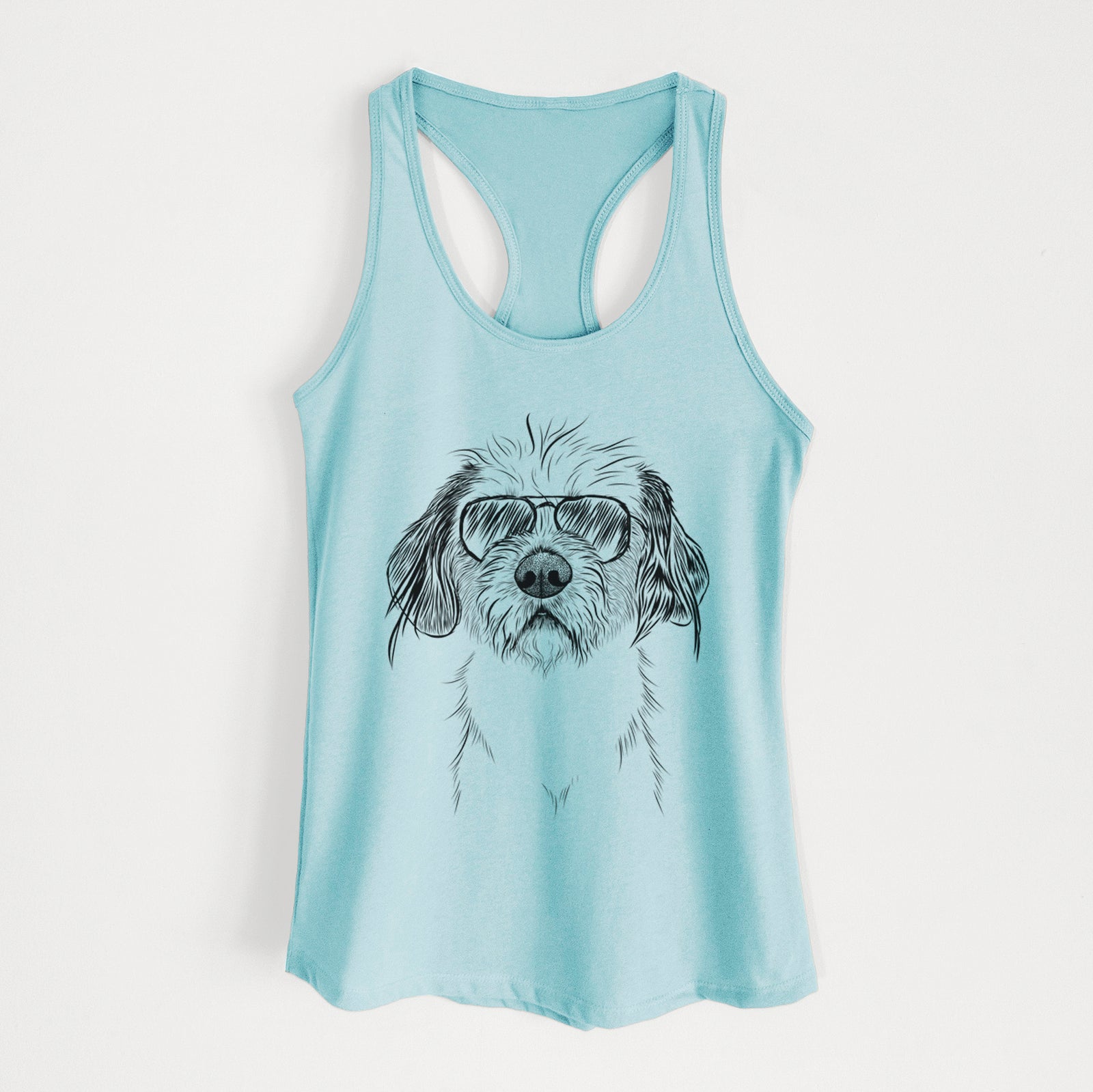 Hand-drawn sketch of Tiny Tucker the Mixed Breed wearing aviator sunglasses on a Cancun Blue Women's racerback tanktop