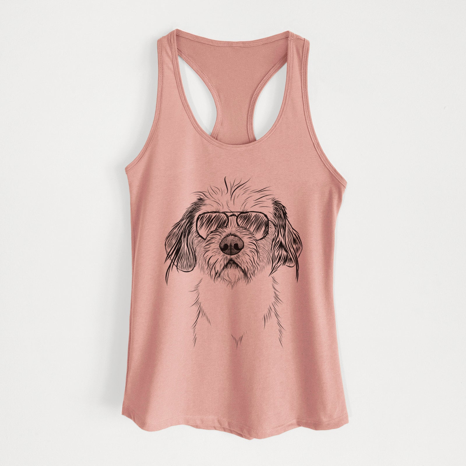 Hand-drawn sketch of Tiny Tucker the Mixed Breed wearing aviator sunglasses on a Desert Pink Women's racerback tanktop