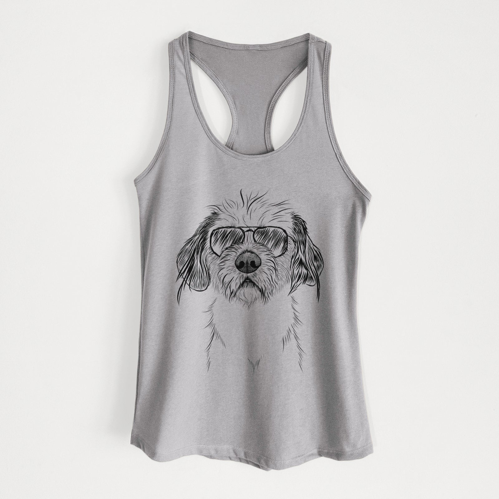 Hand-drawn sketch of Tiny Tucker the Mixed Breed wearing aviator sunglasses on a Heather Grey Women's racerback tanktop