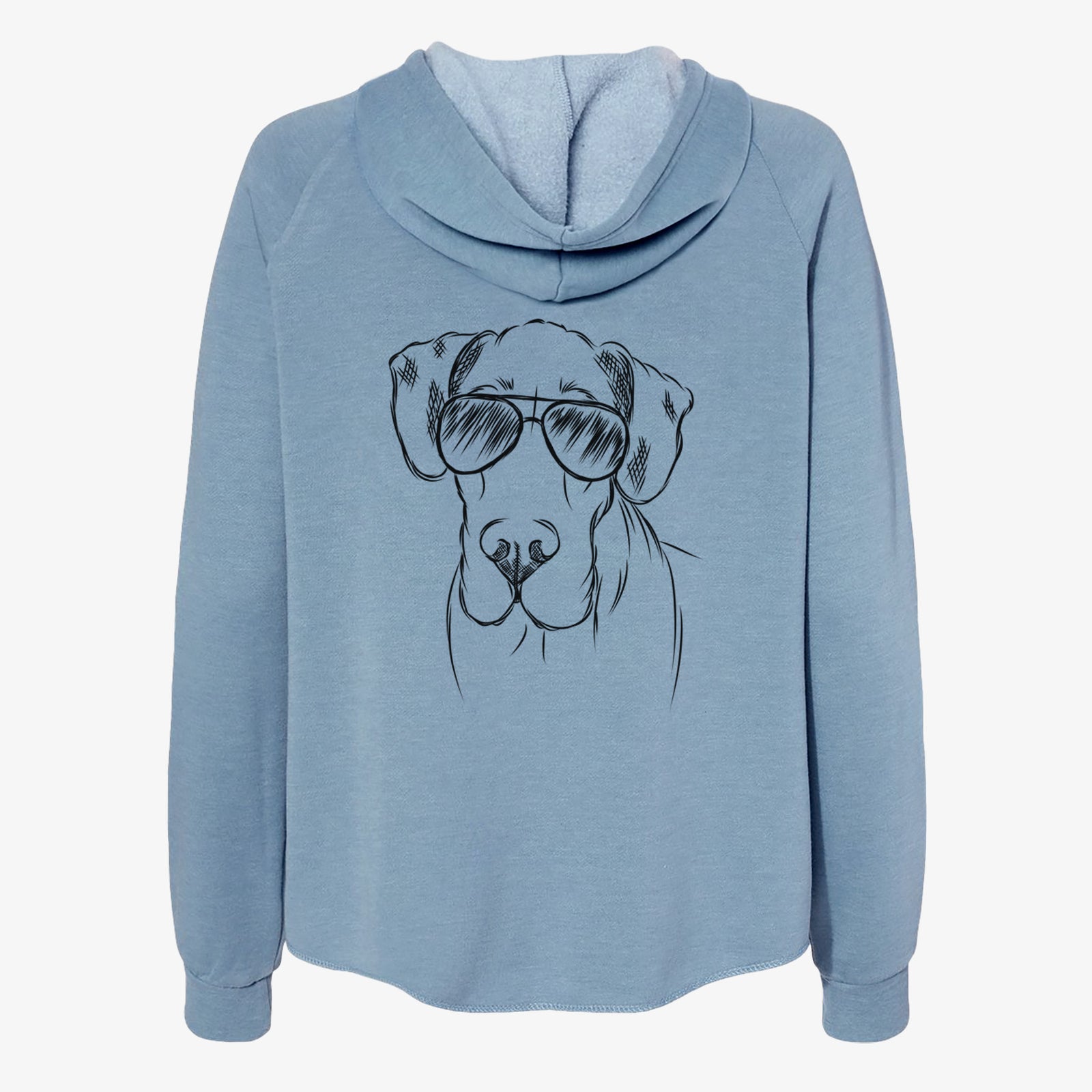 Hand-drawn sketch of Titus the Great Dane wearing aviator sunglasses on a Misty Blue Women's cali wave zip-up sweatshirt