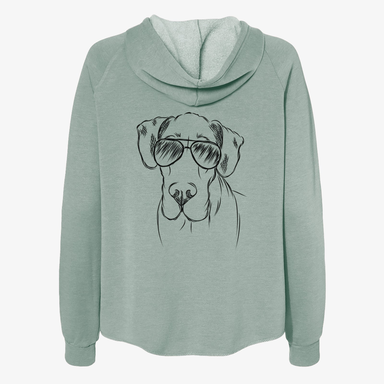 Hand-drawn sketch of Titus the Great Dane wearing aviator sunglasses on a Sage Women's cali wave zip-up sweatshirt