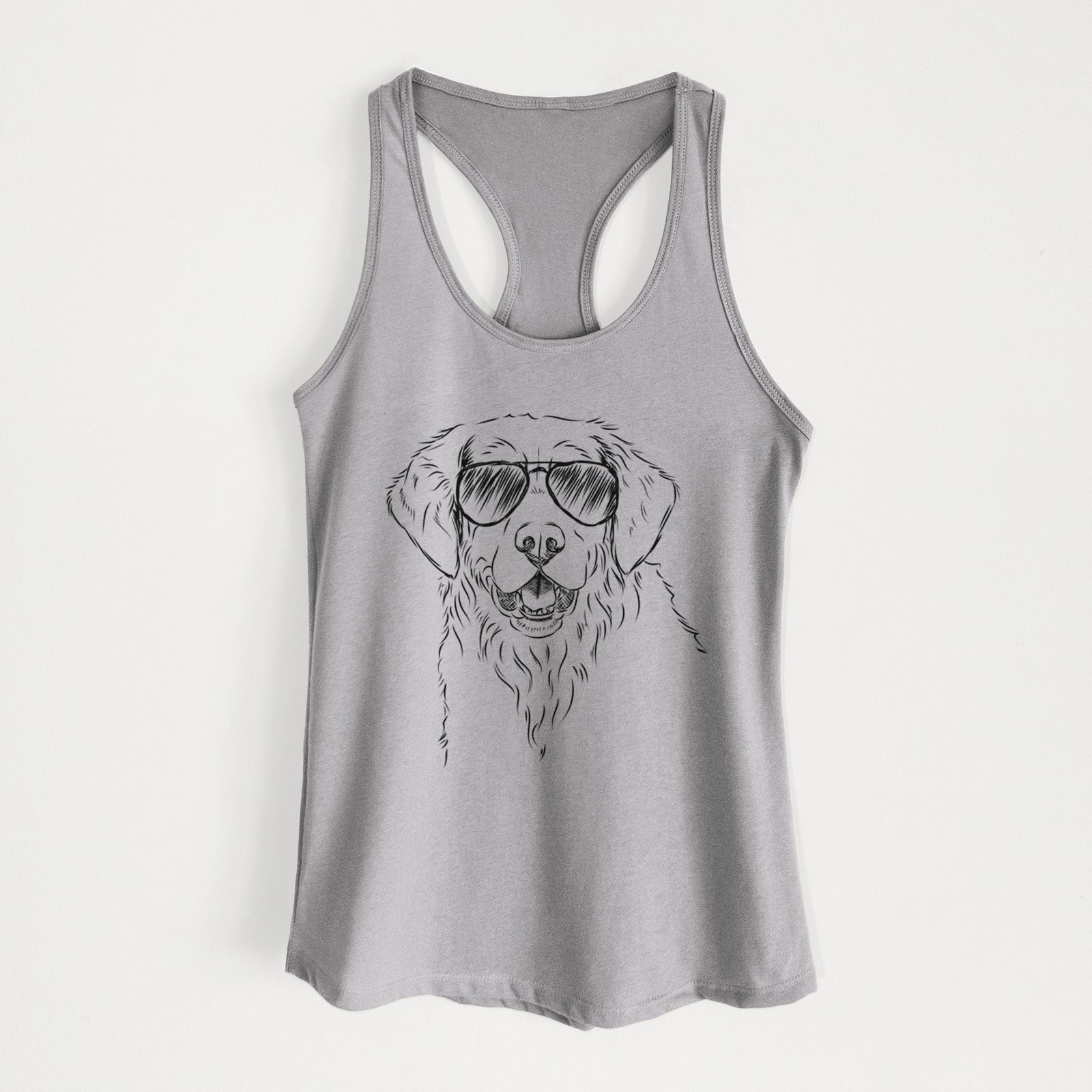 Hand-drawn sketch of Toby the Golden Retriever wearing aviator sunglasses on a Heather Grey Women's racerback tanktop