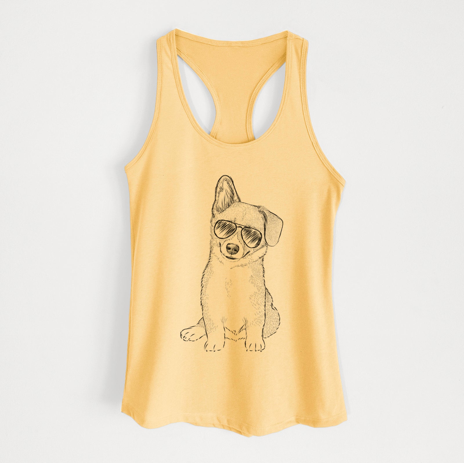 Hand-drawn sketch of Toby the Corgi Puppy wearing aviator sunglasses on a Banana Cream Women's racerback tanktop