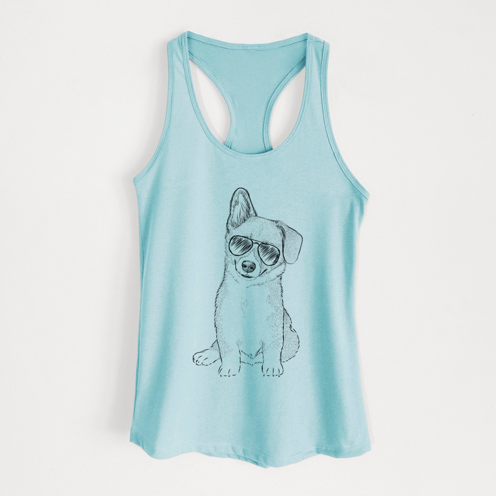 Hand-drawn sketch of Toby the Corgi Puppy wearing aviator sunglasses on a Cancun Blue Women's racerback tanktop