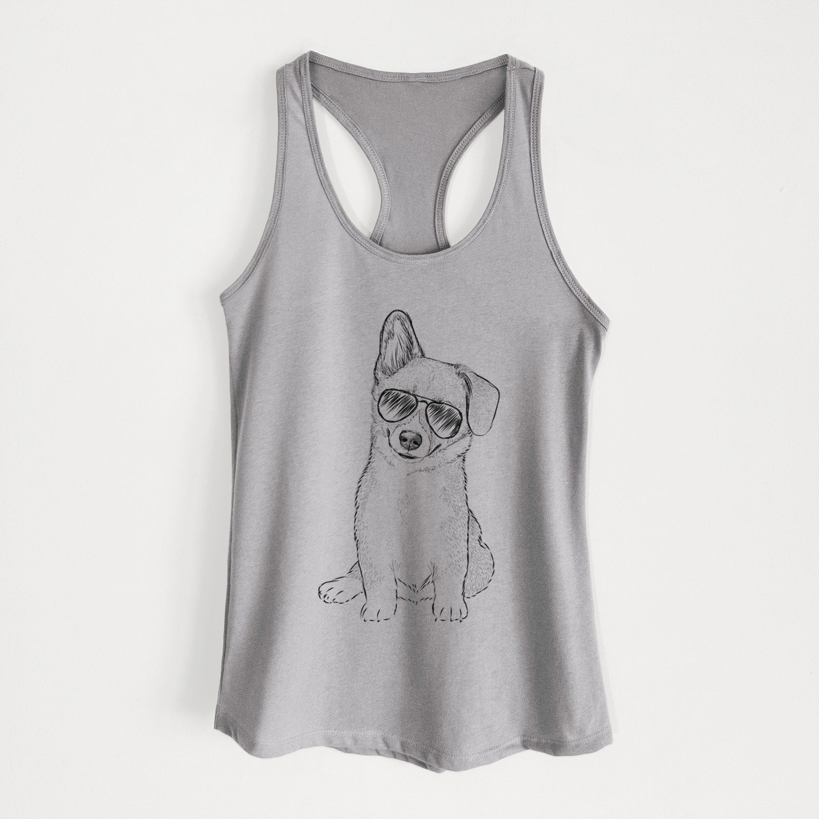 Hand-drawn sketch of Toby the Corgi Puppy wearing aviator sunglasses on a Heather Grey Women's racerback tanktop