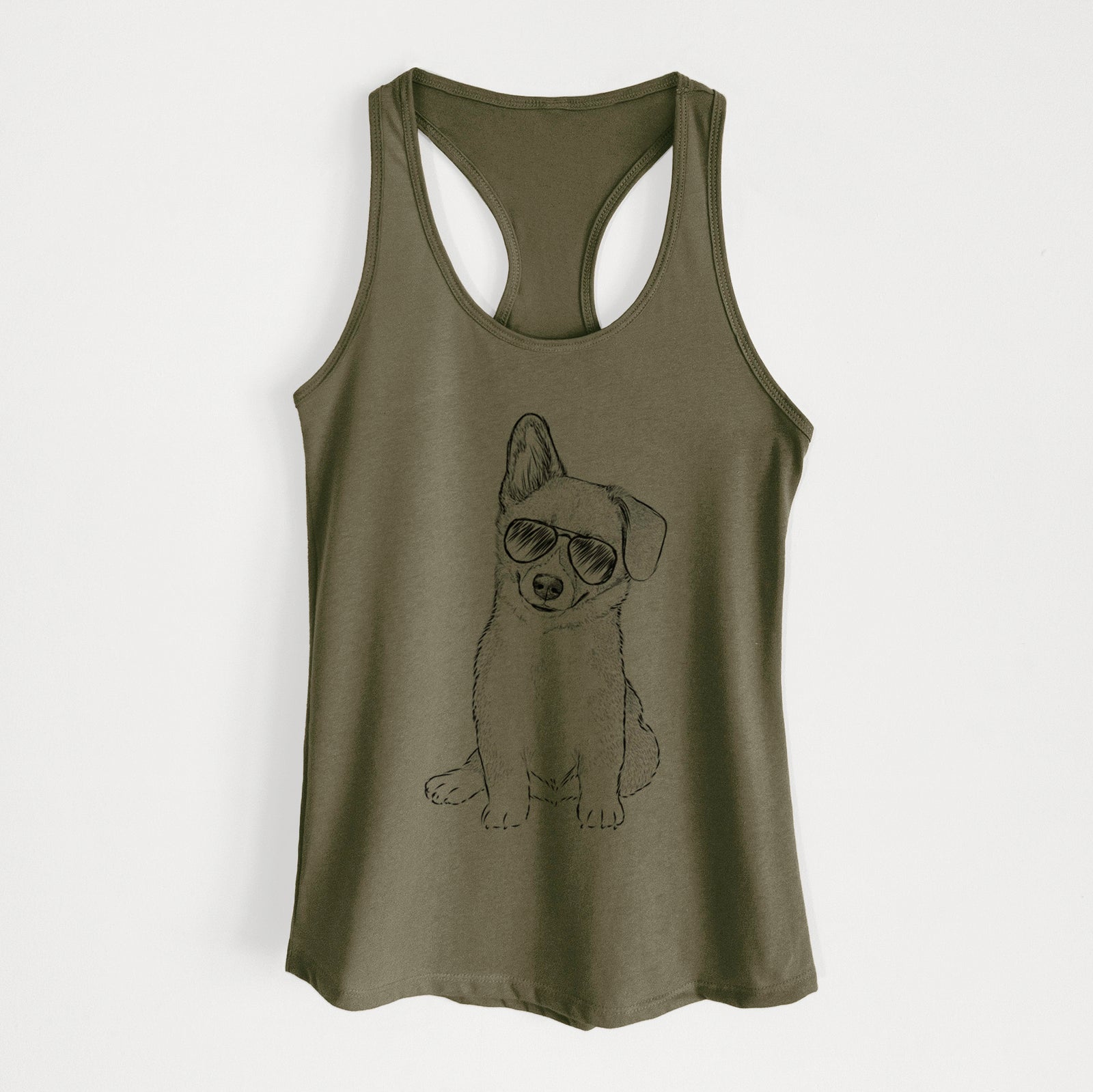 Hand-drawn sketch of Toby the Corgi Puppy wearing aviator sunglasses on a Military Green Women's racerback tanktop