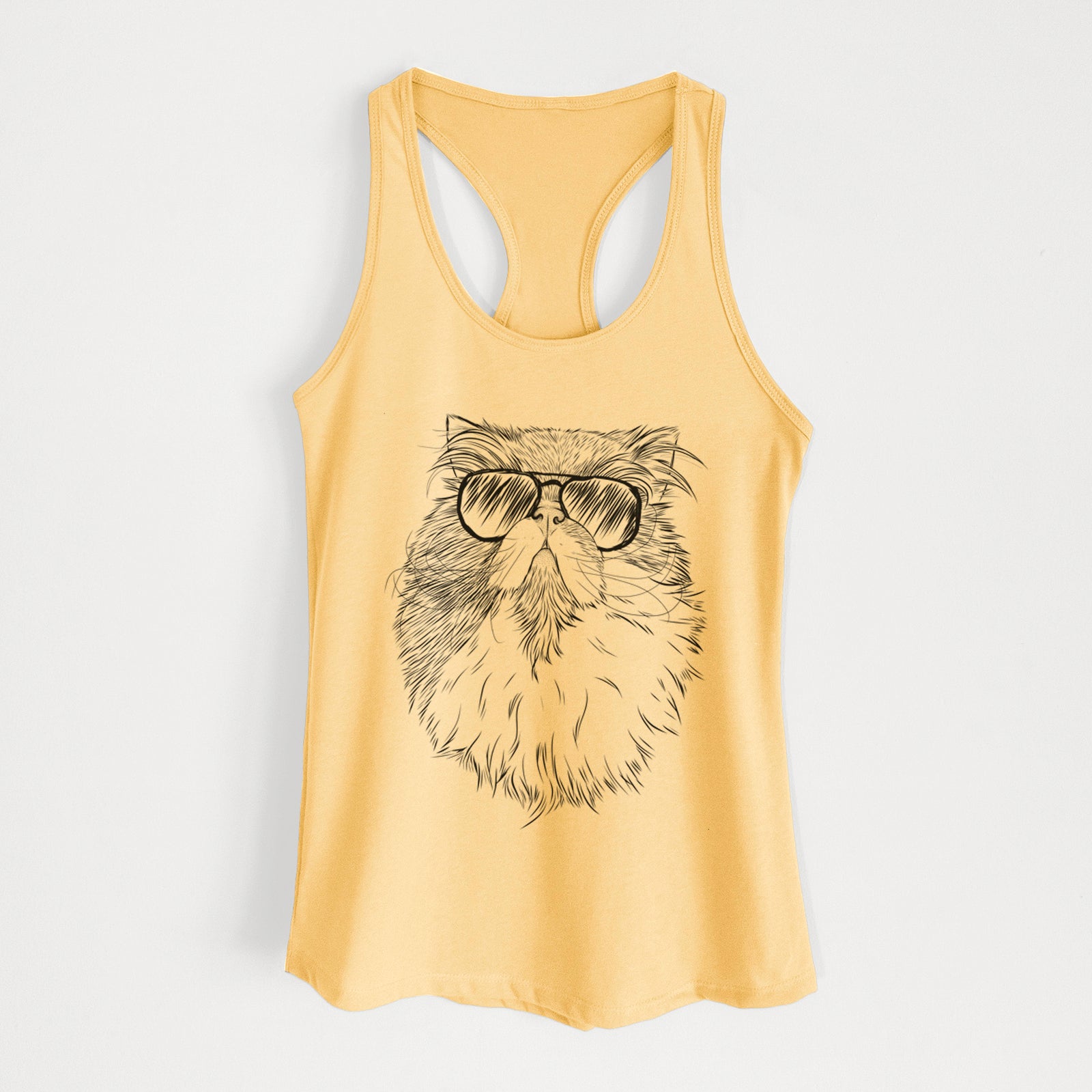 Hand-drawn sketch of Tookie the Perisan Cat wearing aviator sunglasses on a Banana Cream Women's racerback tanktop