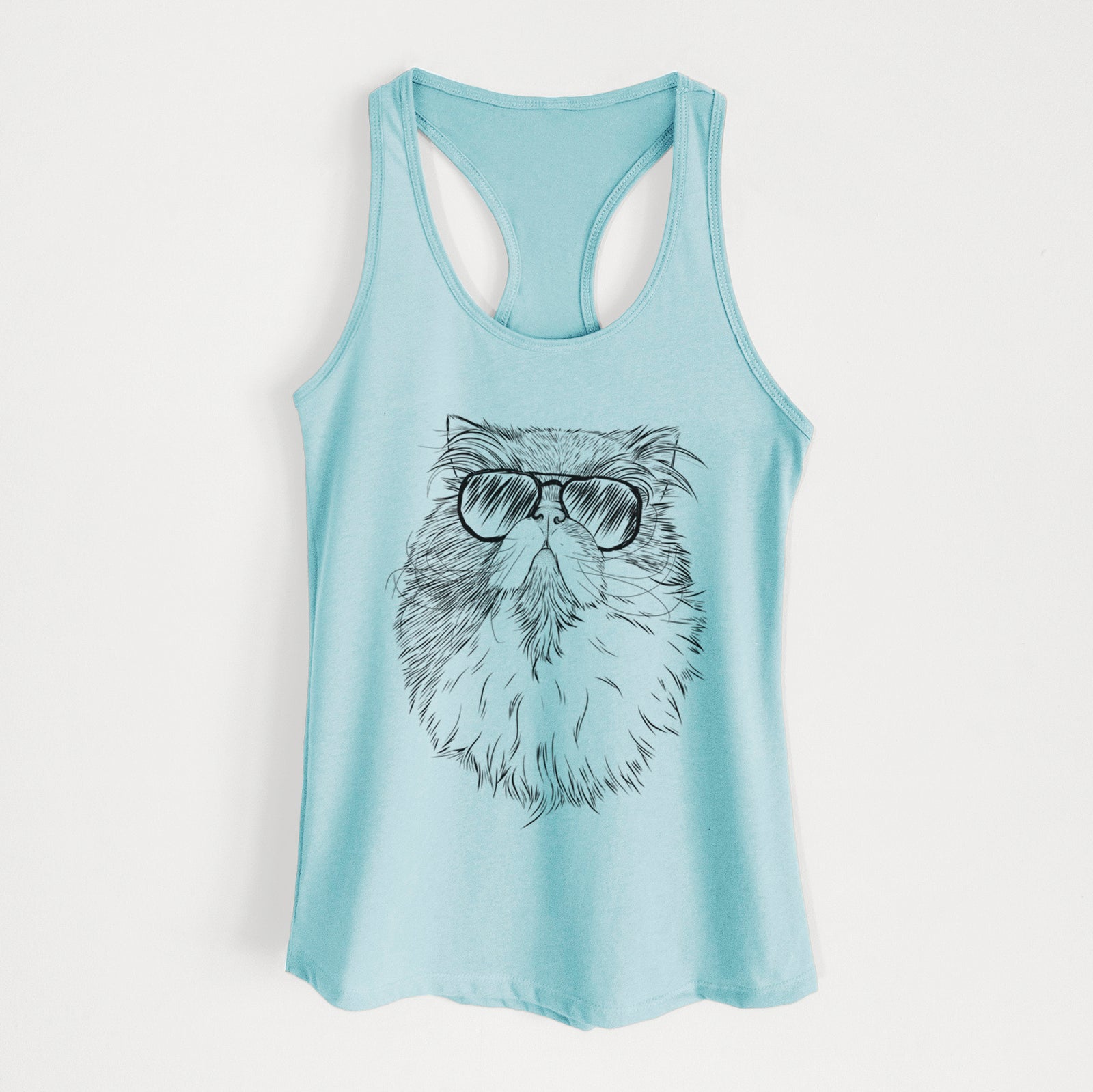 Hand-drawn sketch of Tookie the Perisan Cat wearing aviator sunglasses on a Cancun Blue Women's racerback tanktop