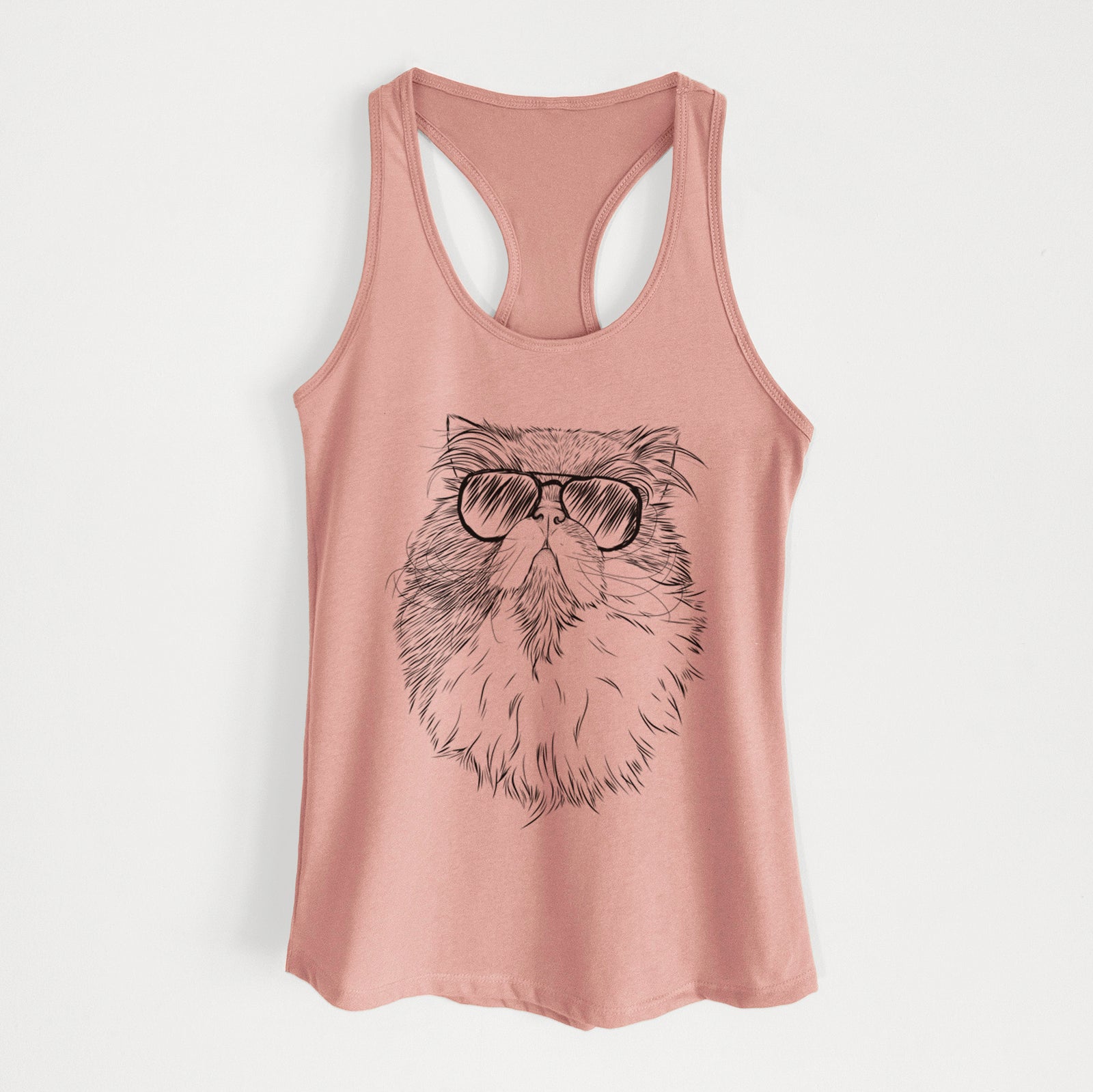 Hand-drawn sketch of Tookie the Perisan Cat wearing aviator sunglasses on a Desert Pink Women's racerback tanktop