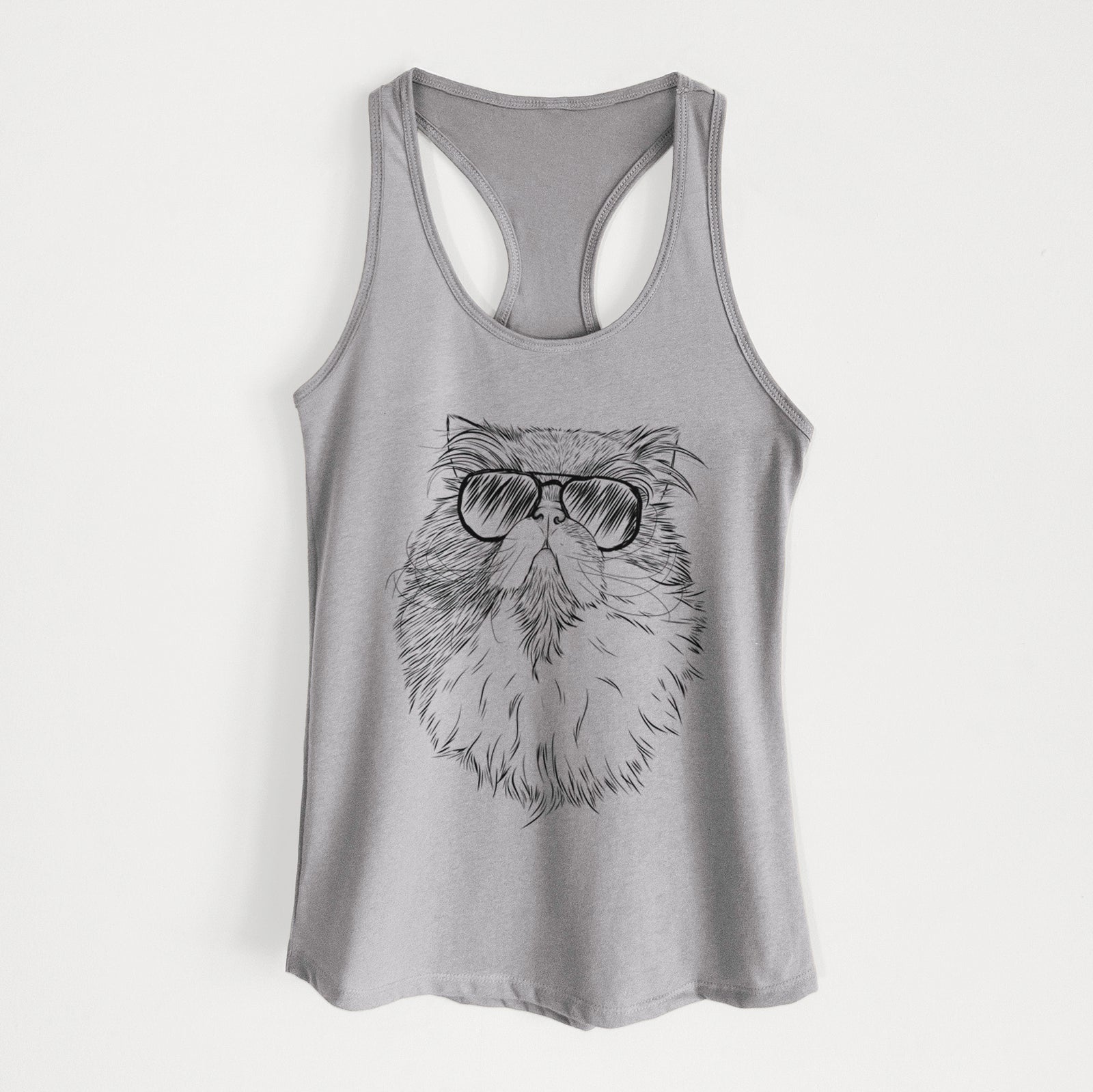 Hand-drawn sketch of Tookie the Perisan Cat wearing aviator sunglasses on a Heather Grey Women's racerback tanktop