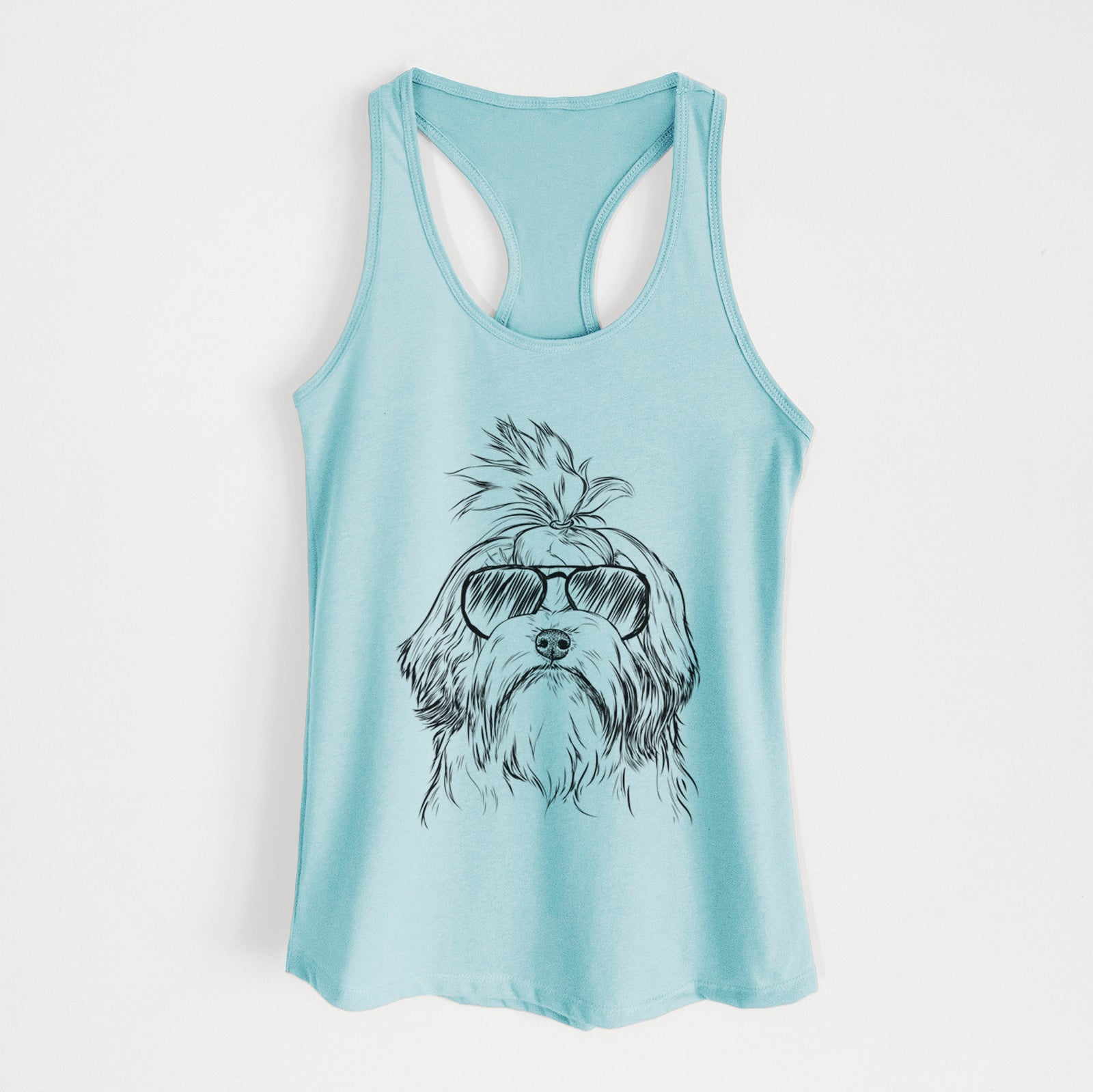 Hand-drawn sketch of Tootsie the Lowchen wearing aviator sunglasses on a Cancun Blue Women's racerback tanktop