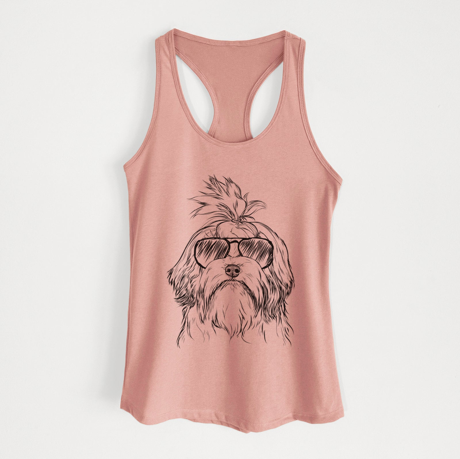 Hand-drawn sketch of Tootsie the Lowchen wearing aviator sunglasses on a Desert Pink Women's racerback tanktop
