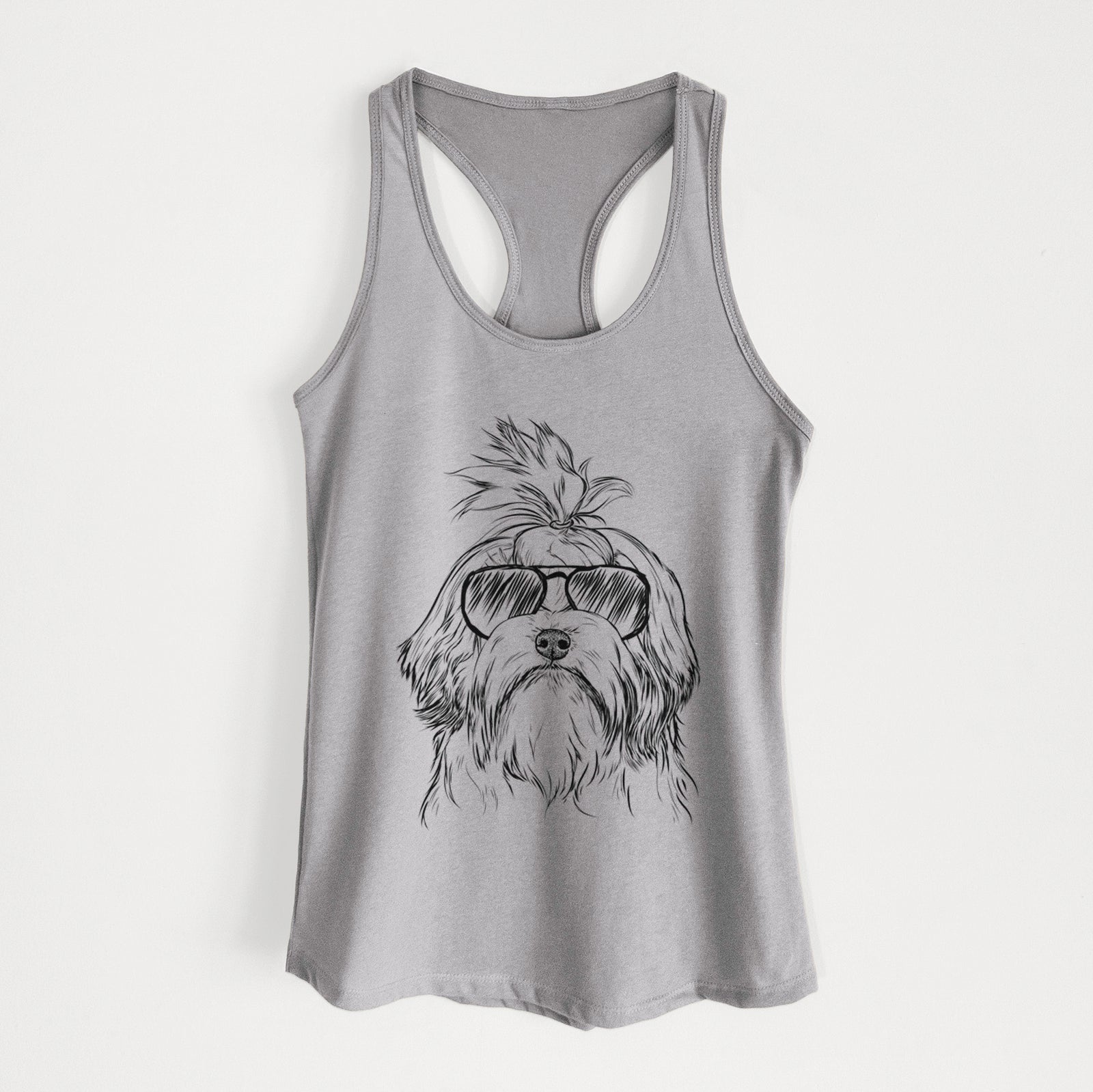 Hand-drawn sketch of Tootsie the Lowchen wearing aviator sunglasses on a Heather Grey Women's racerback tanktop