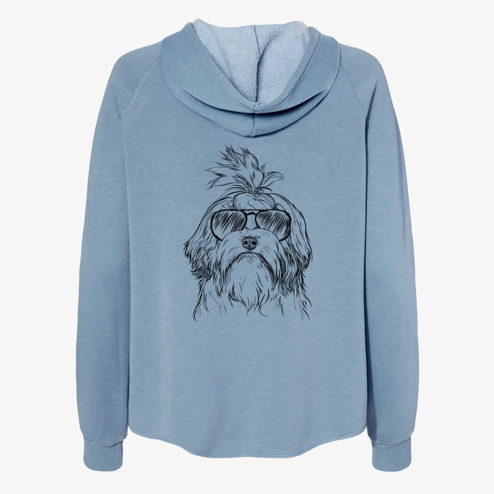 Hand-drawn sketch of Tootsie the Lowchen wearing aviator sunglasses on a Misty Blue Women's cali wave zip-up sweatshirt
