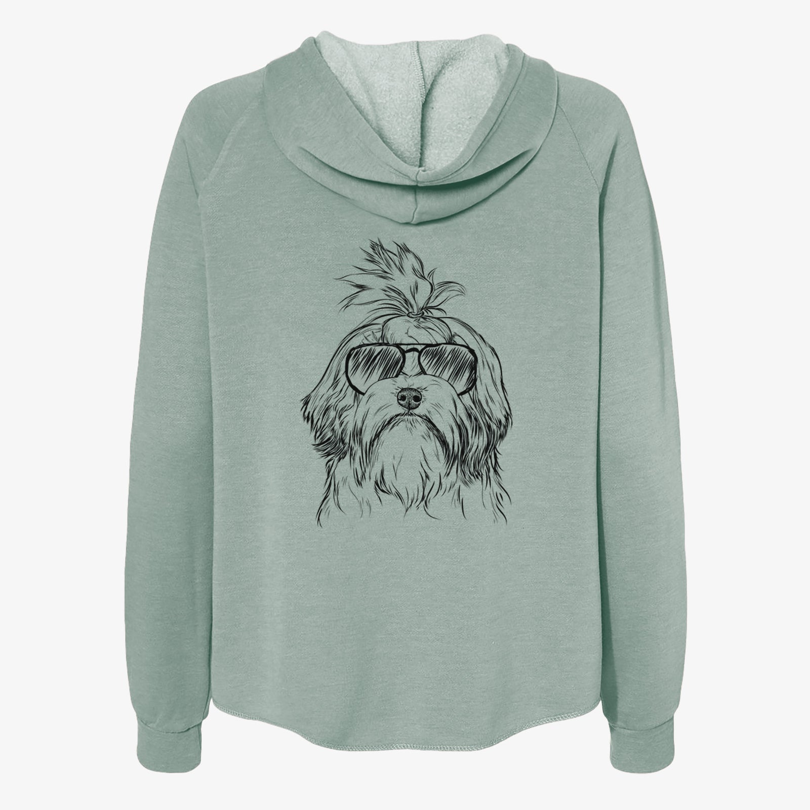 Hand-drawn sketch of Tootsie the Lowchen wearing aviator sunglasses on a Sage Women's cali wave zip-up sweatshirt