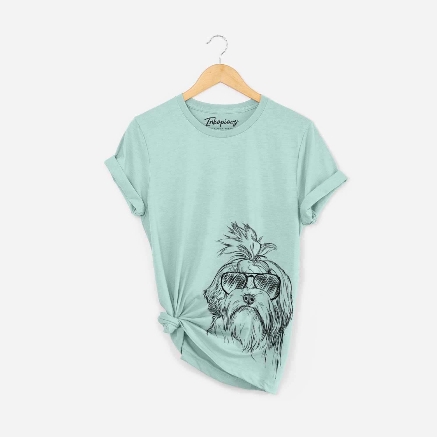 Hand-drawn sketch of Tootsie the Lowchen wearing aviator sunglasses on a Heather Sage Bella Canvas Unisex Crewneck