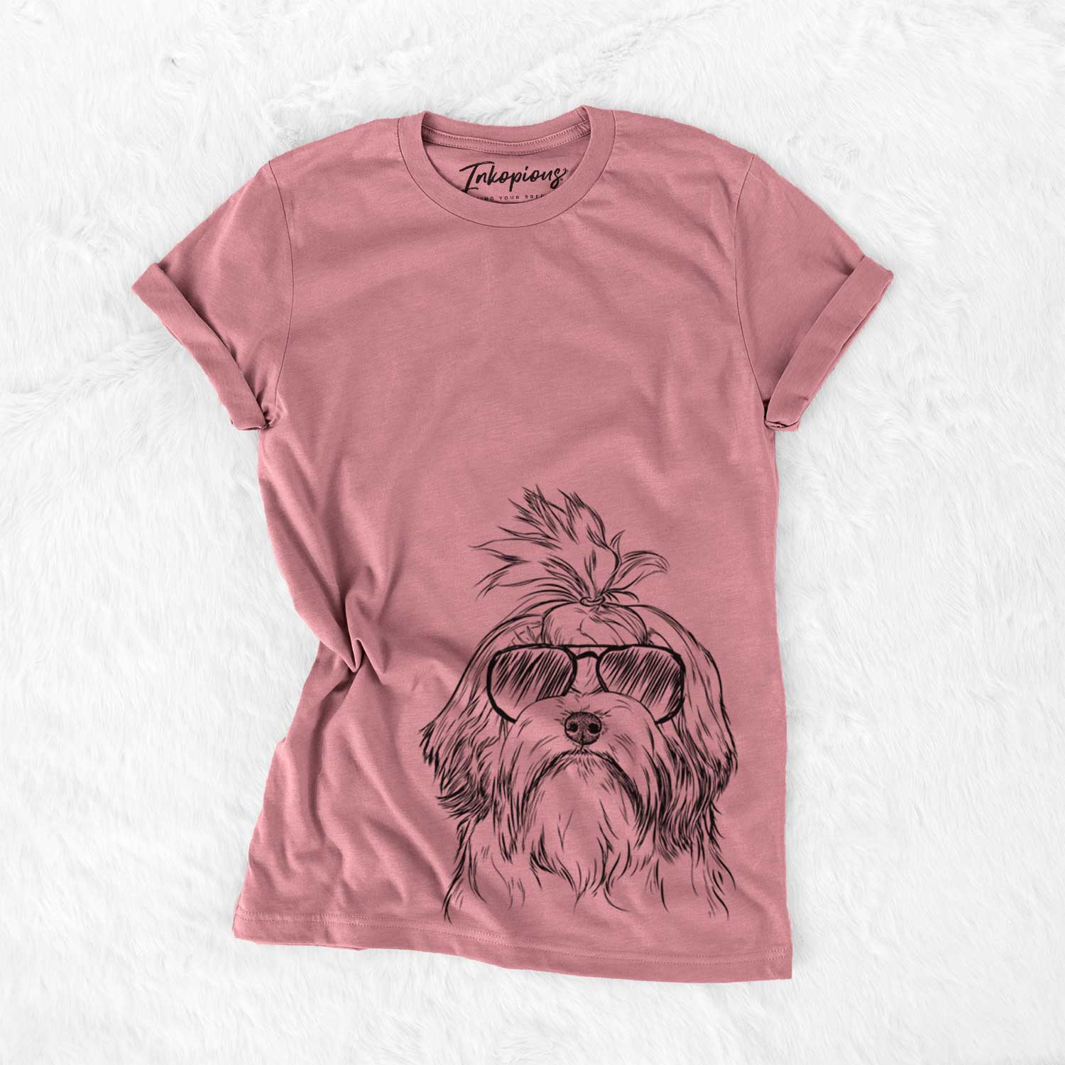 Hand-drawn sketch of Tootsie the Lowchen wearing aviator sunglasses on a Mauve Bella Canvas Unisex Crewneck