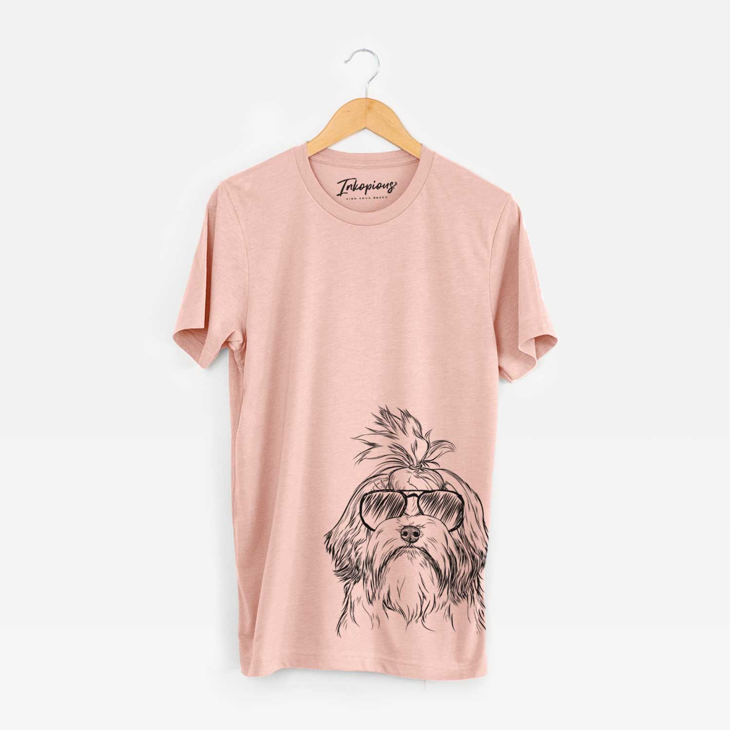 Hand-drawn sketch of Tootsie the Lowchen wearing aviator sunglasses on a Peach Bella Canvas Unisex Crewneck