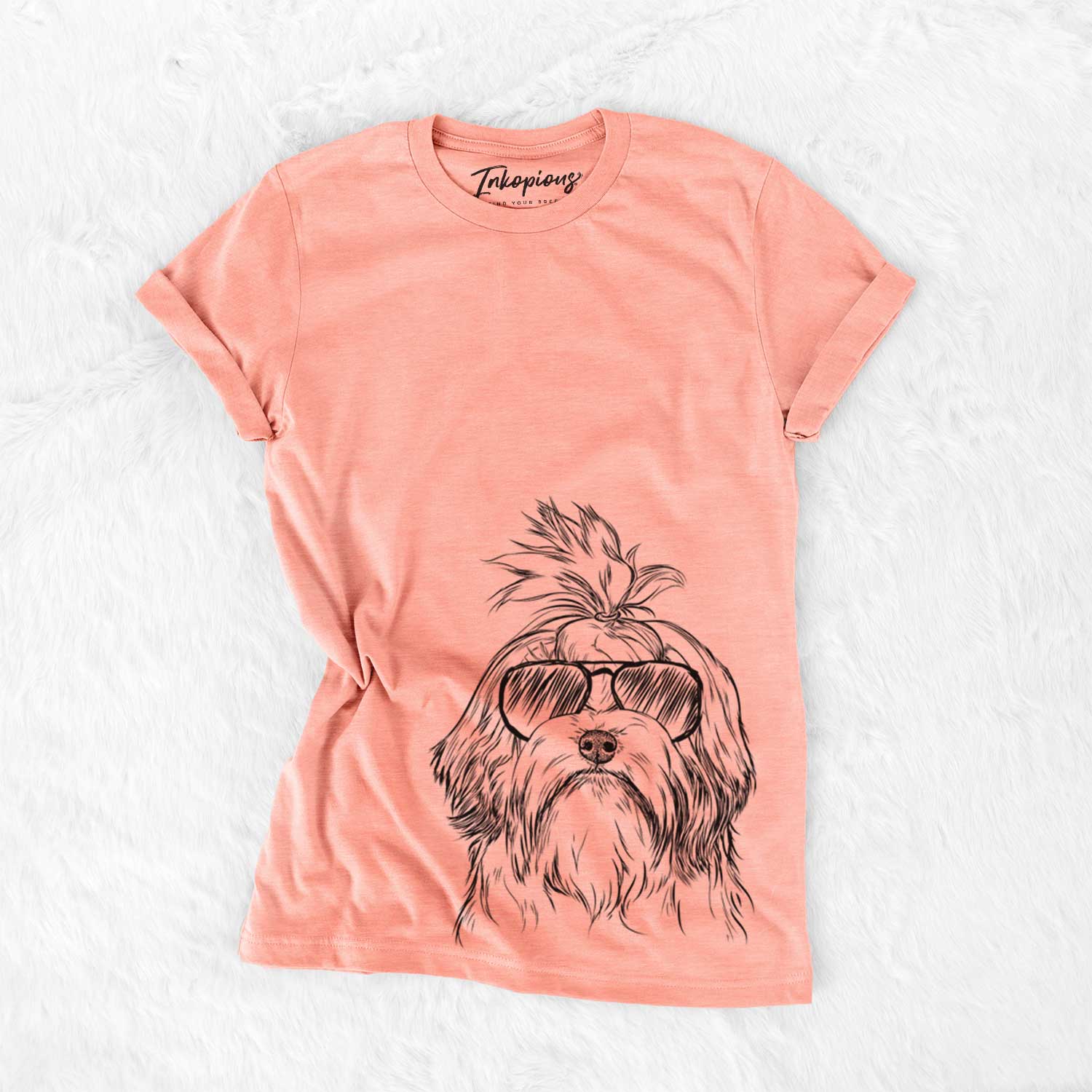 Hand-drawn sketch of Tootsie the Lowchen wearing aviator sunglasses on a Sunset Bella Canvas Unisex Crewneck