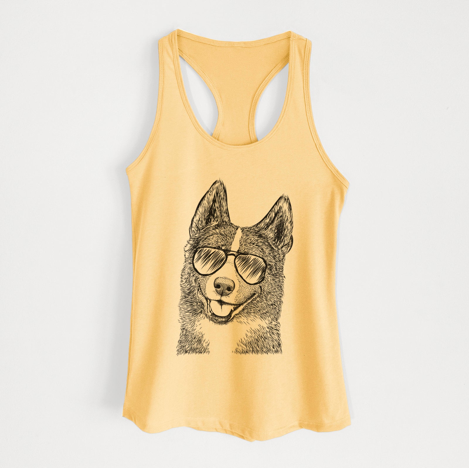 Hand-drawn sketch of Tosca the Karelian Bear Dog wearing aviator sunglasses on a Banana Cream Women's racerback tanktop