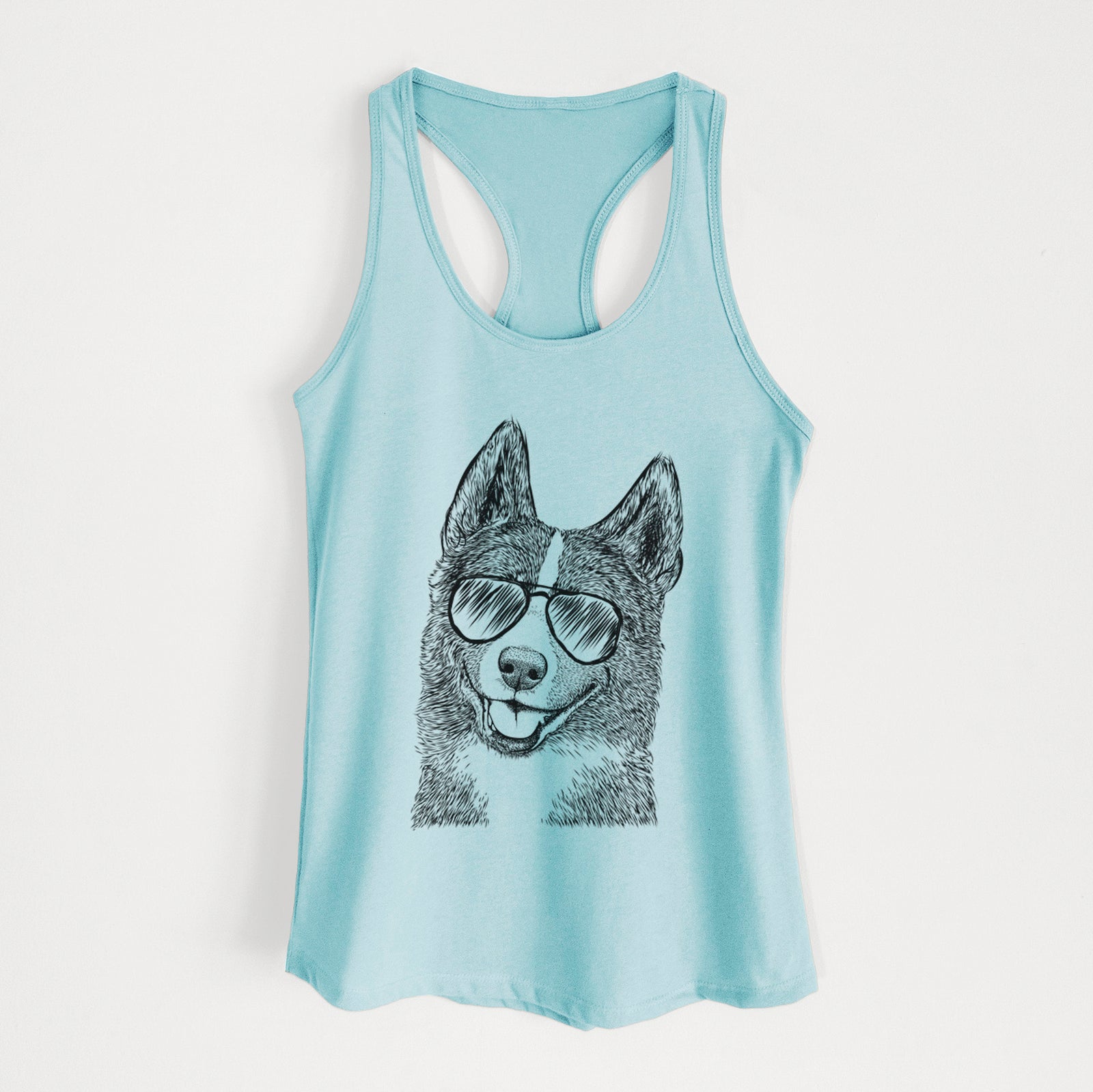 Hand-drawn sketch of Tosca the Karelian Bear Dog wearing aviator sunglasses on a Cancun Blue Women's racerback tanktop