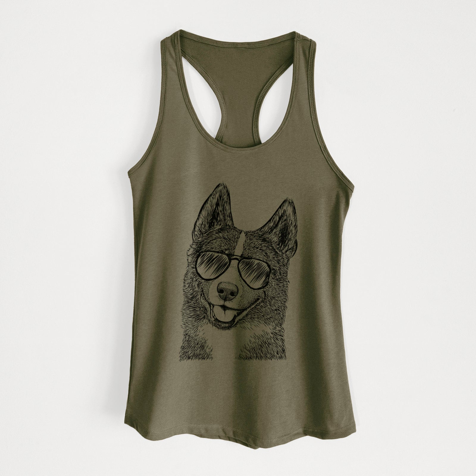 Hand-drawn sketch of Tosca the Karelian Bear Dog wearing aviator sunglasses on a Military Green Women's racerback tanktop
