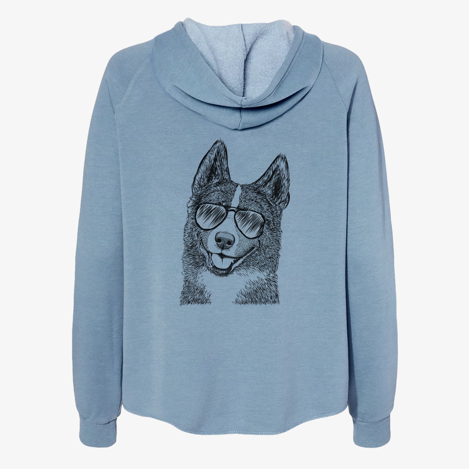 Hand-drawn sketch of Tosca the Karelian Bear Dog wearing aviator sunglasses on a Misty Blue Women's cali wave zip-up sweatshirt