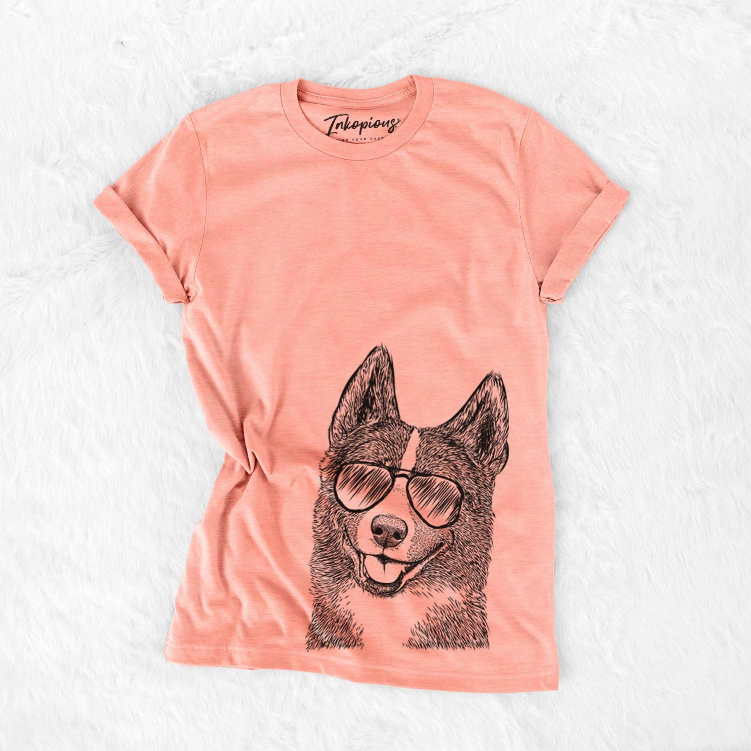 Hand-drawn sketch of Tosca the Karelian Bear Dog wearing aviator sunglasses on a Sunset Bella Canvas Unisex Crewneck