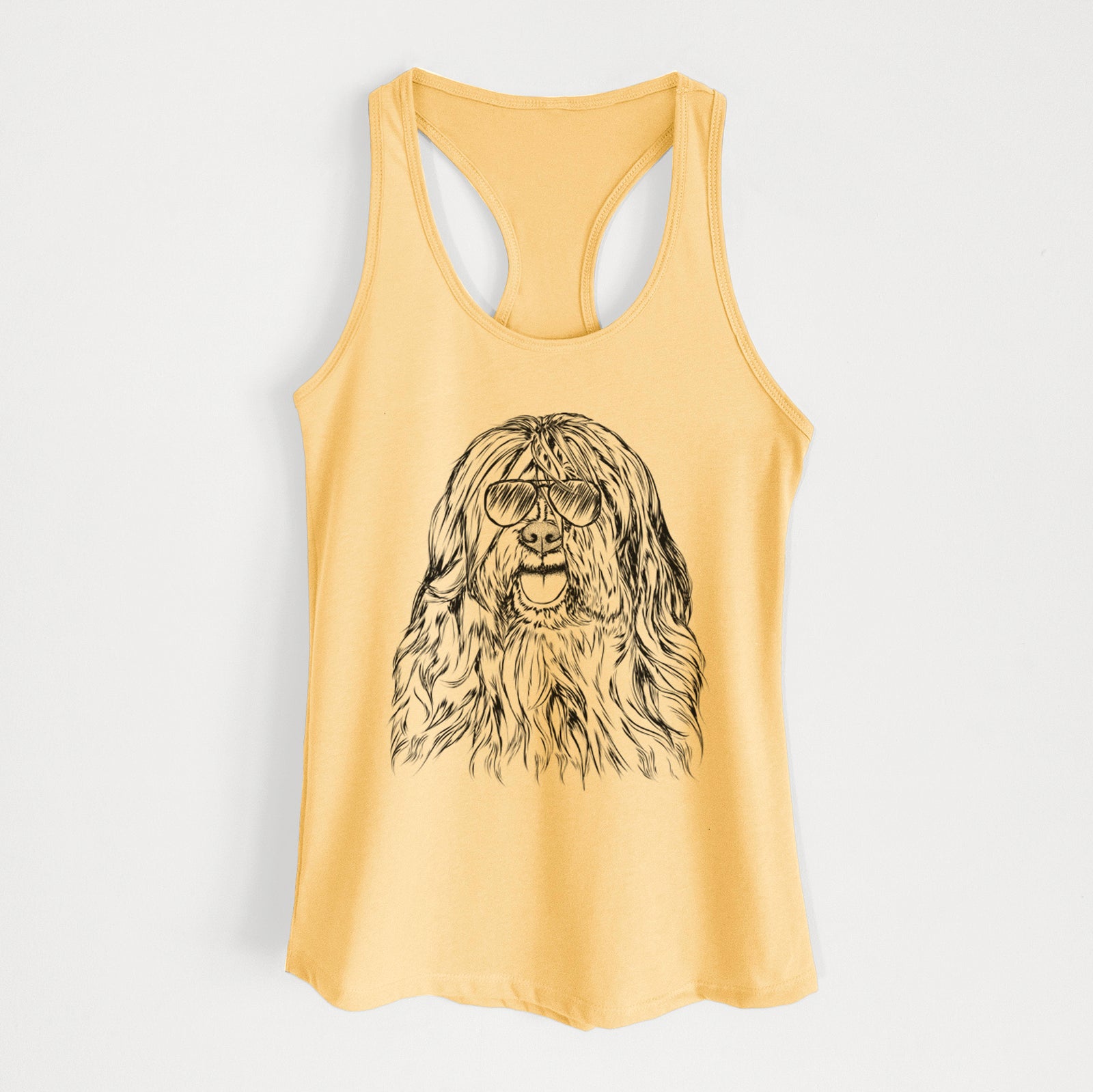Hand-drawn sketch of Trinket the Tibetan Terrier wearing aviator sunglasses on a Banana Cream Women's racerback tanktop