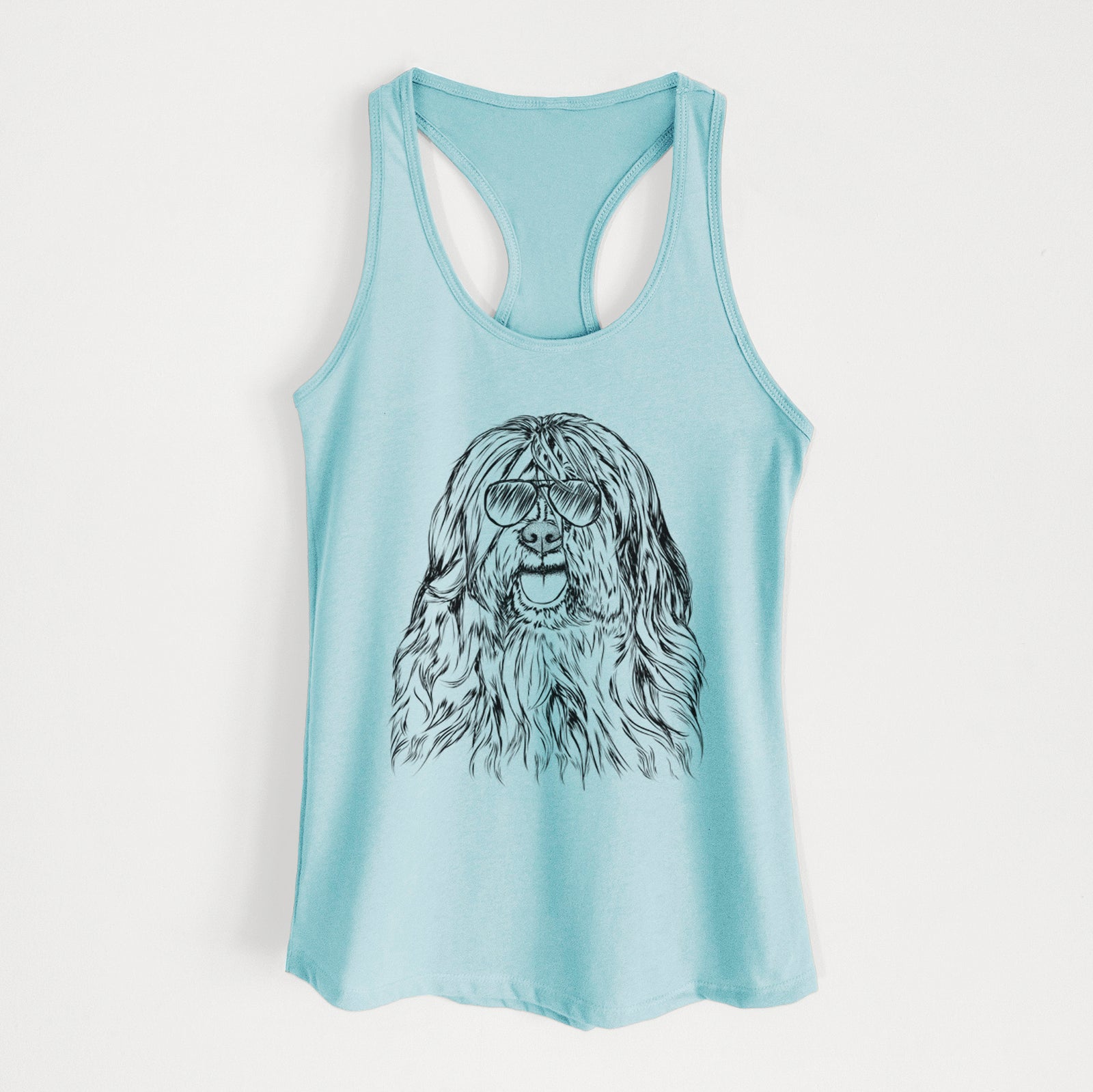 Hand-drawn sketch of Trinket the Tibetan Terrier wearing aviator sunglasses on a Cancun Blue Women's racerback tanktop