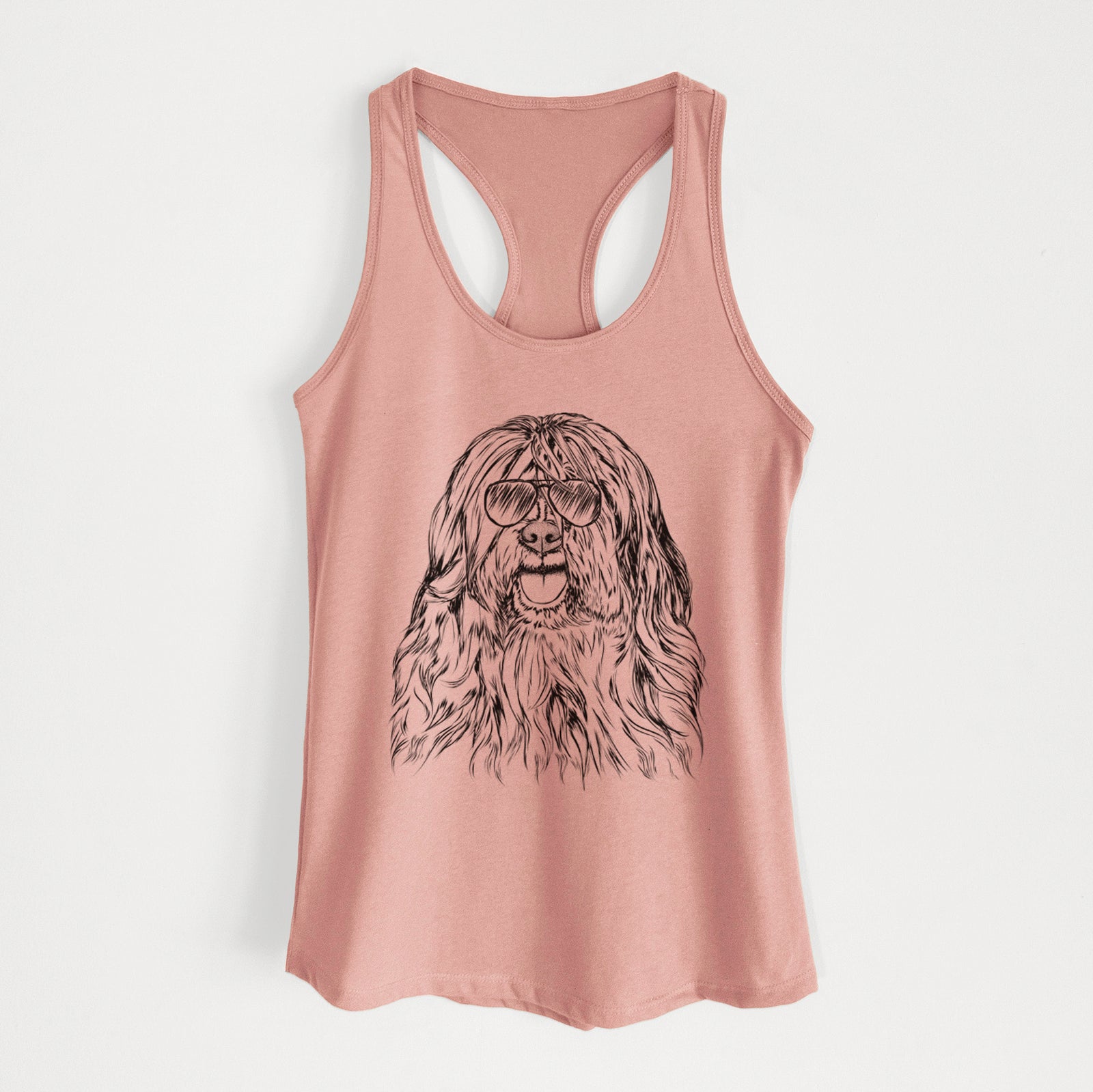 Hand-drawn sketch of Trinket the Tibetan Terrier wearing aviator sunglasses on a Desert Pink Women's racerback tanktop