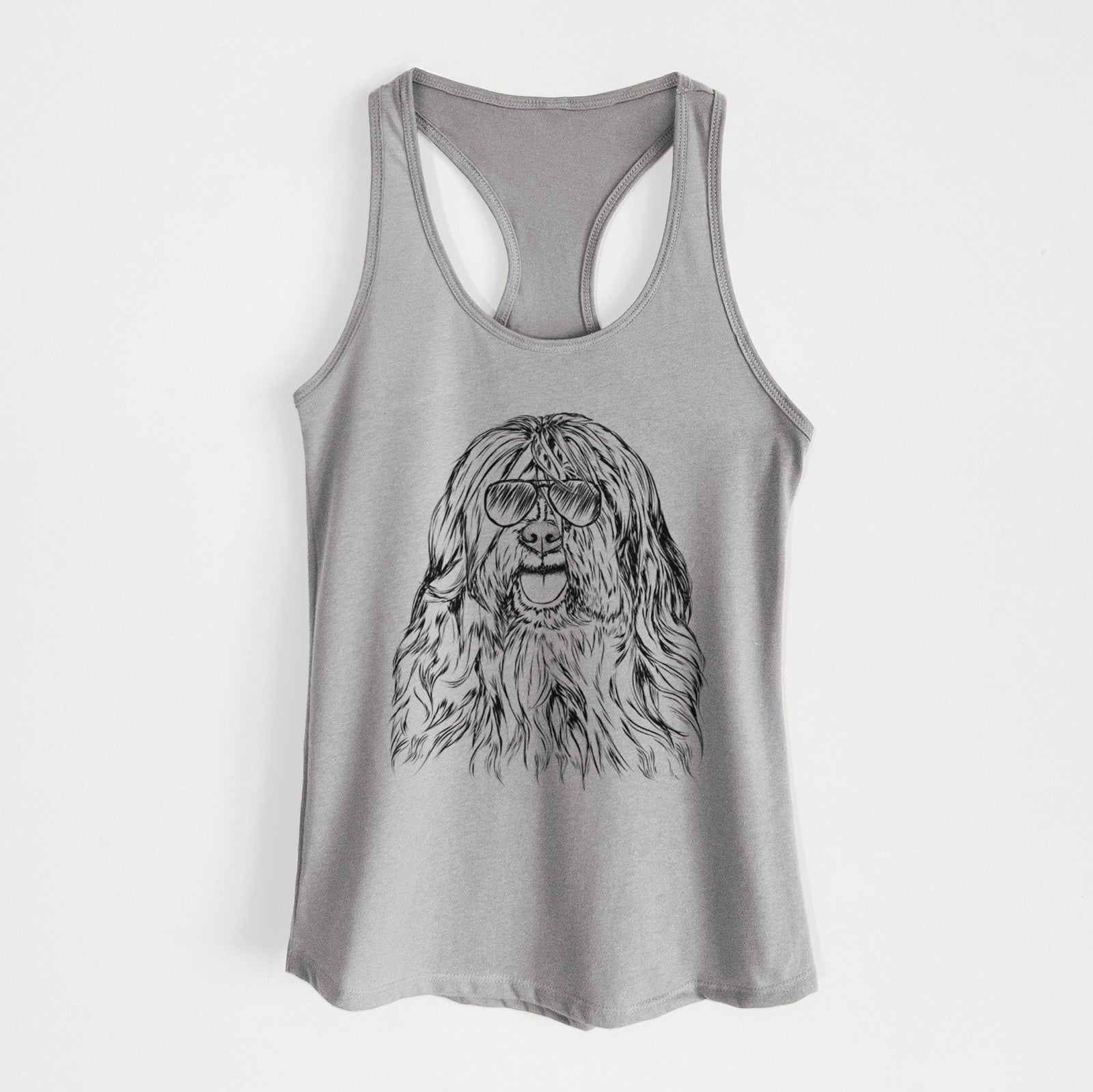 Hand-drawn sketch of Trinket the Tibetan Terrier wearing aviator sunglasses on a Heather Grey Women's racerback tanktop