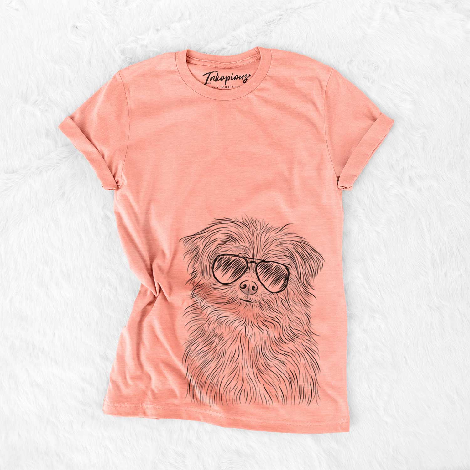 Hand-drawn sketch of Trixie the Terrier Mix wearing aviator sunglasses on a Sunset Bella Canvas Unisex Crewneck