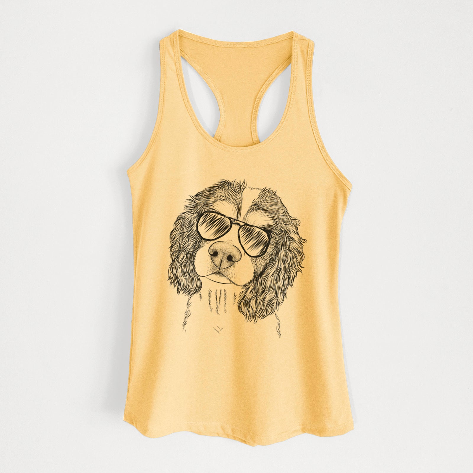 Hand-drawn sketch of Truman the Cavalier King Charles Spaniel wearing aviator sunglasses on a Banana Cream Women's racerback tanktop