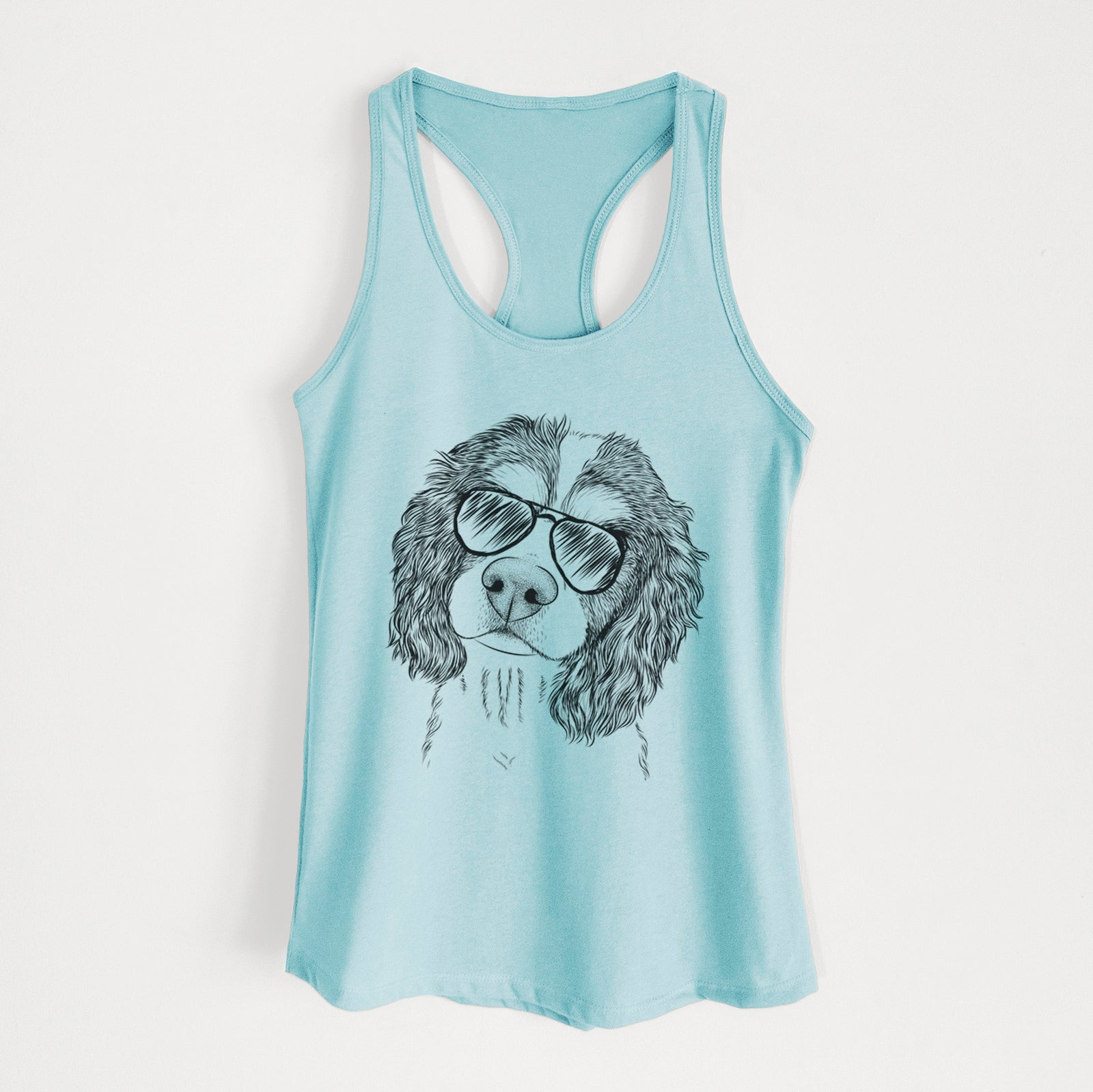 Hand-drawn sketch of Truman the Cavalier King Charles Spaniel wearing aviator sunglasses on a Cancun Blue Women's racerback tanktop