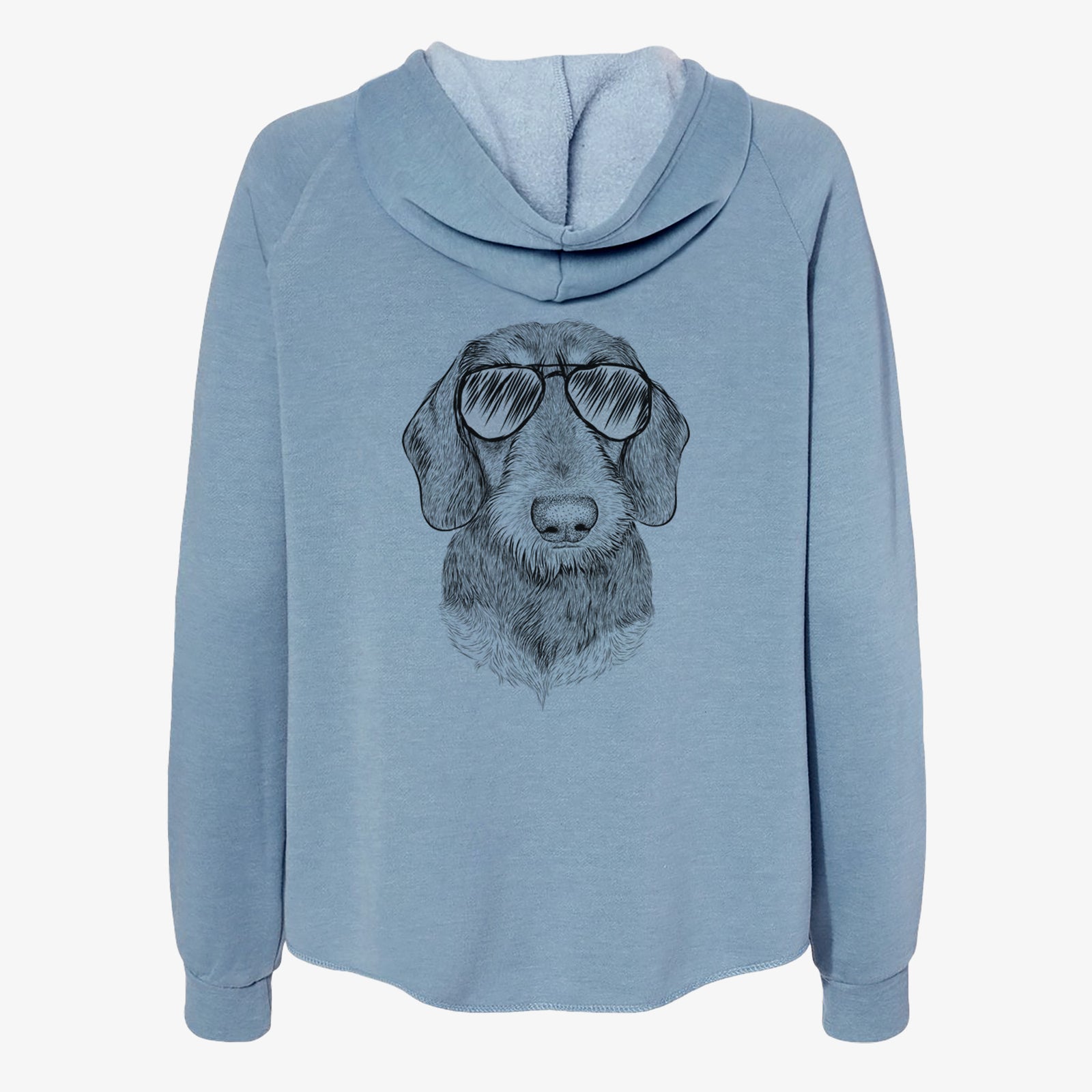 Hand-drawn sketch of Truman the Wirehaired Dachshund wearing aviator sunglasses on a Misty Blue Women's cali wave zip-up sweatshirt