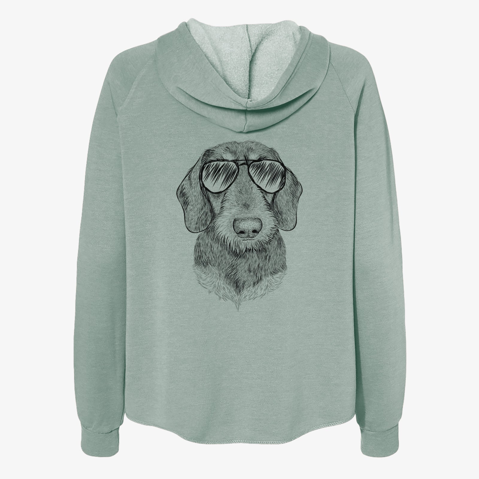 Hand-drawn sketch of Truman the Wirehaired Dachshund wearing aviator sunglasses on a Sage Women's cali wave zip-up sweatshirt