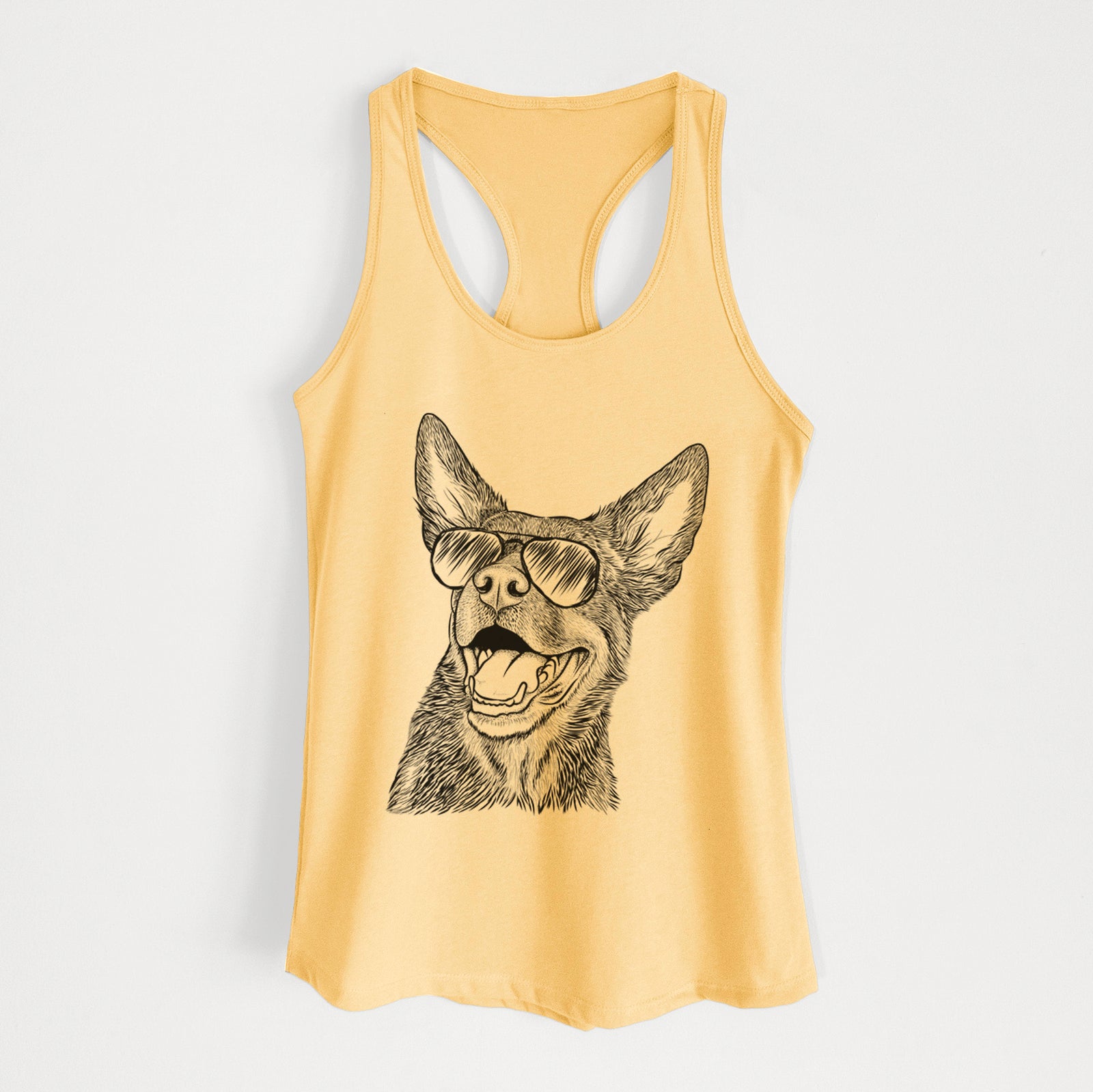Hand-drawn sketch of Tucker the Australian Kelpie wearing aviator sunglasses on a Banana Cream Women's racerback tanktop