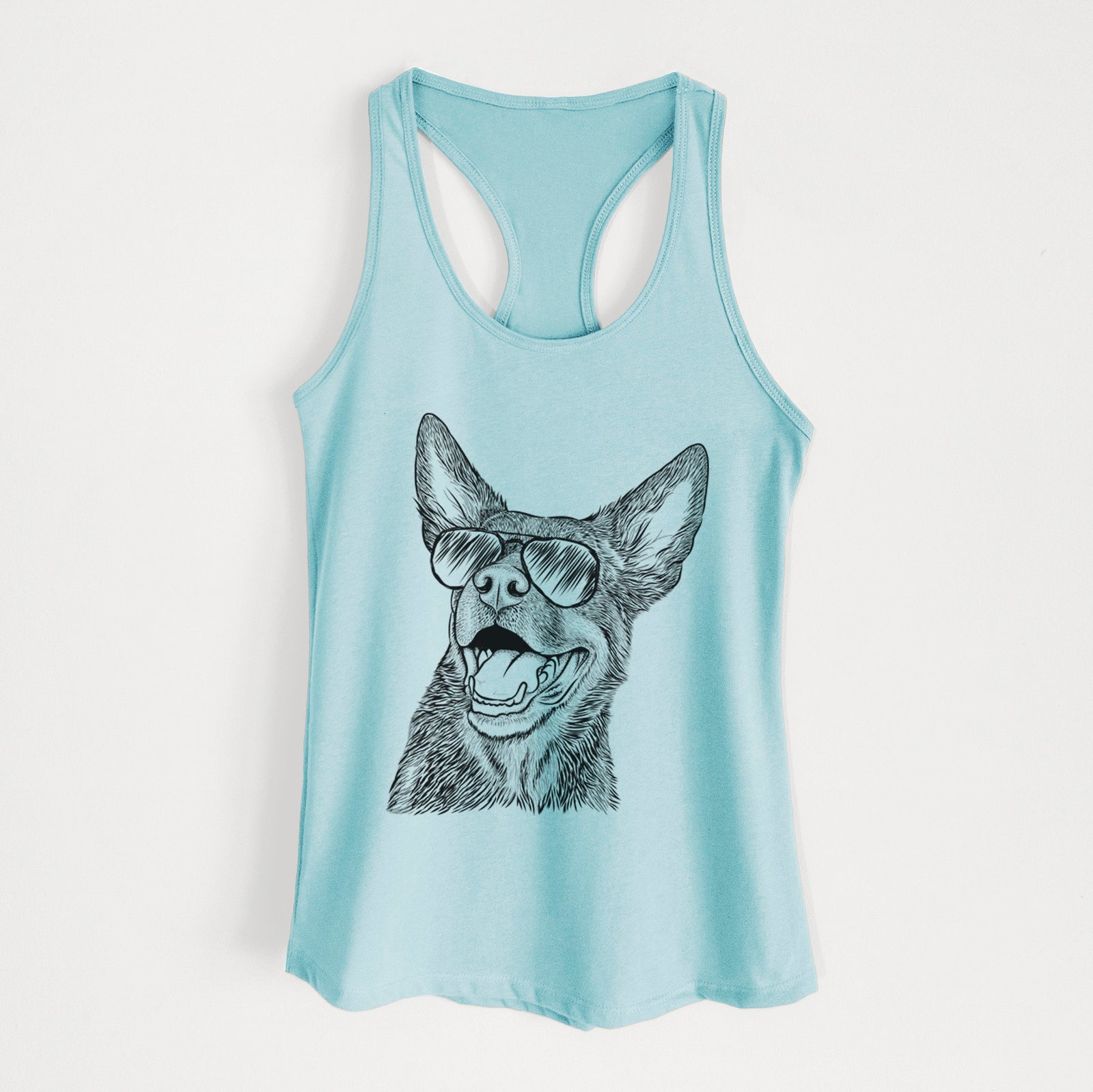 Hand-drawn sketch of Tucker the Australian Kelpie wearing aviator sunglasses on a Cancun Blue Women's racerback tanktop