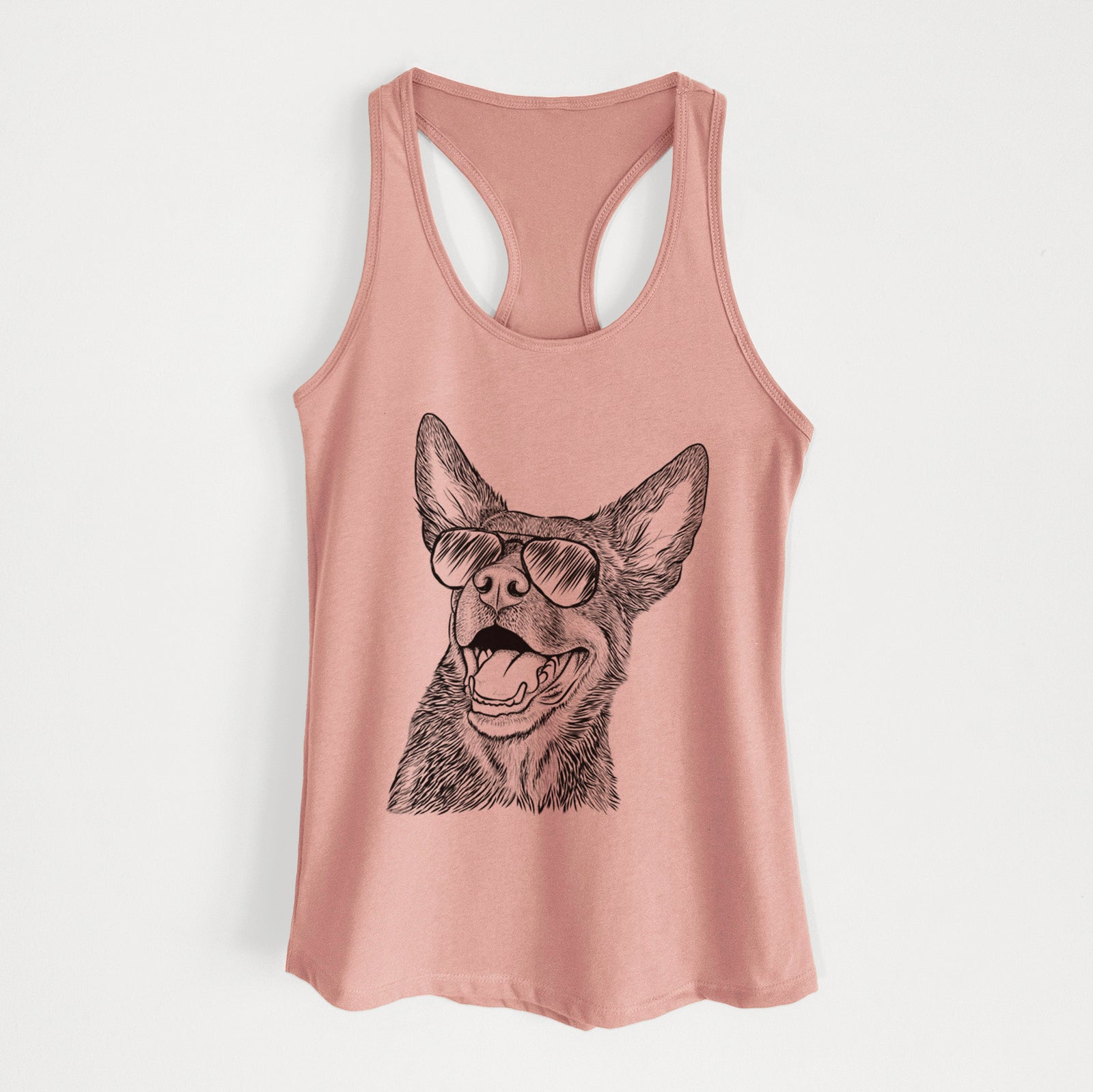 Hand-drawn sketch of Tucker the Australian Kelpie wearing aviator sunglasses on a Desert Pink Women's racerback tanktop