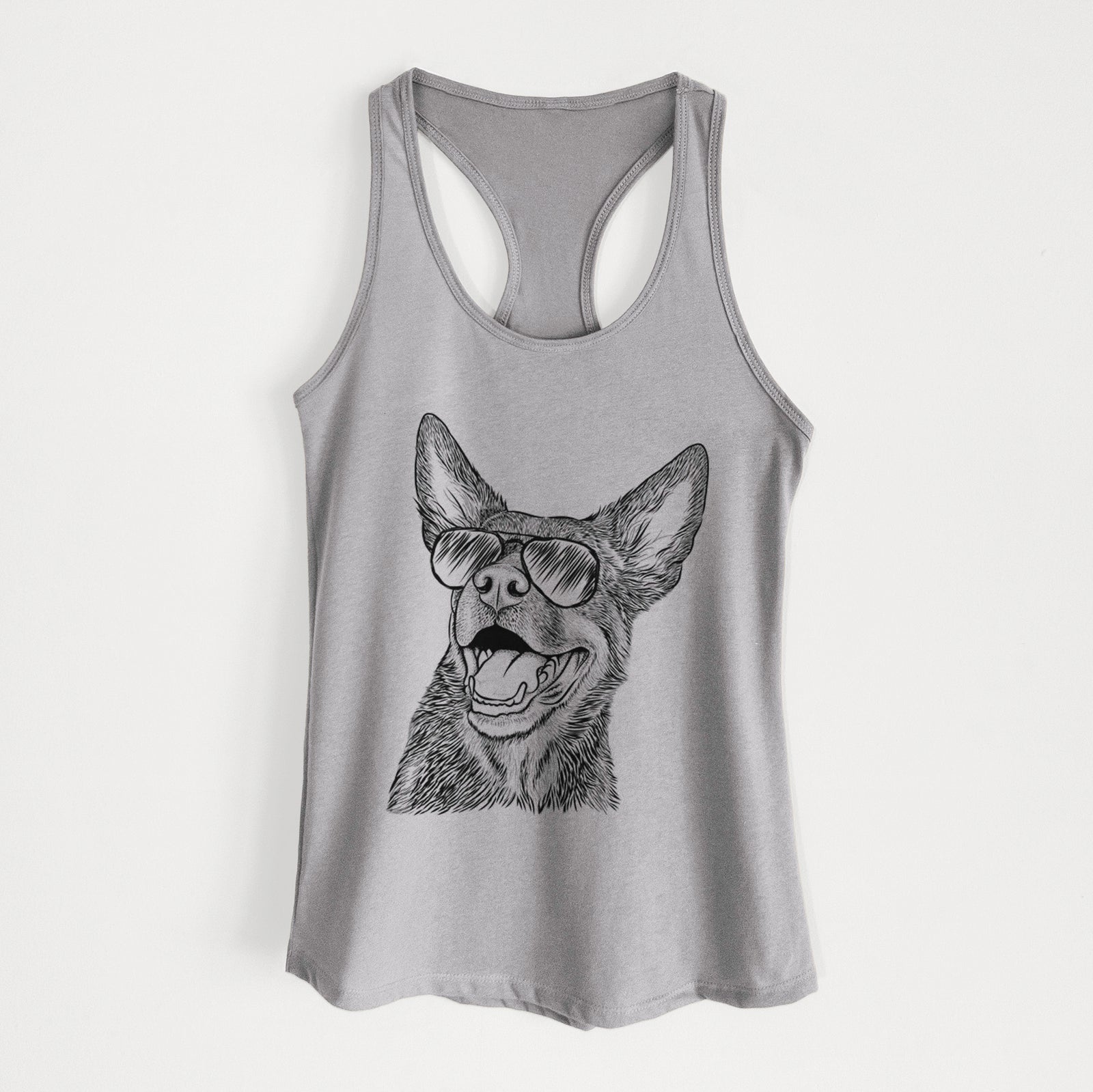 Hand-drawn sketch of Tucker the Australian Kelpie wearing aviator sunglasses on a Heather Grey Women's racerback tanktop