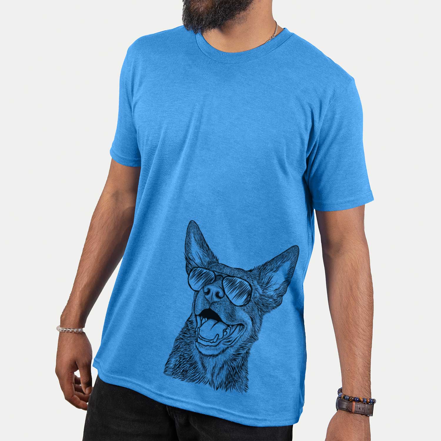 Hand-drawn sketch of Tucker the Australian Kelpie wearing aviator sunglasses on a Blue Unisex crewneck