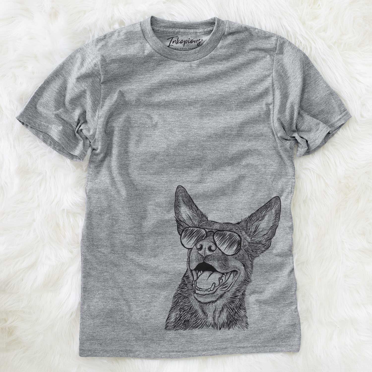 Hand-drawn sketch of Tucker the Australian Kelpie wearing aviator sunglasses on a Grey Unisex crewneck