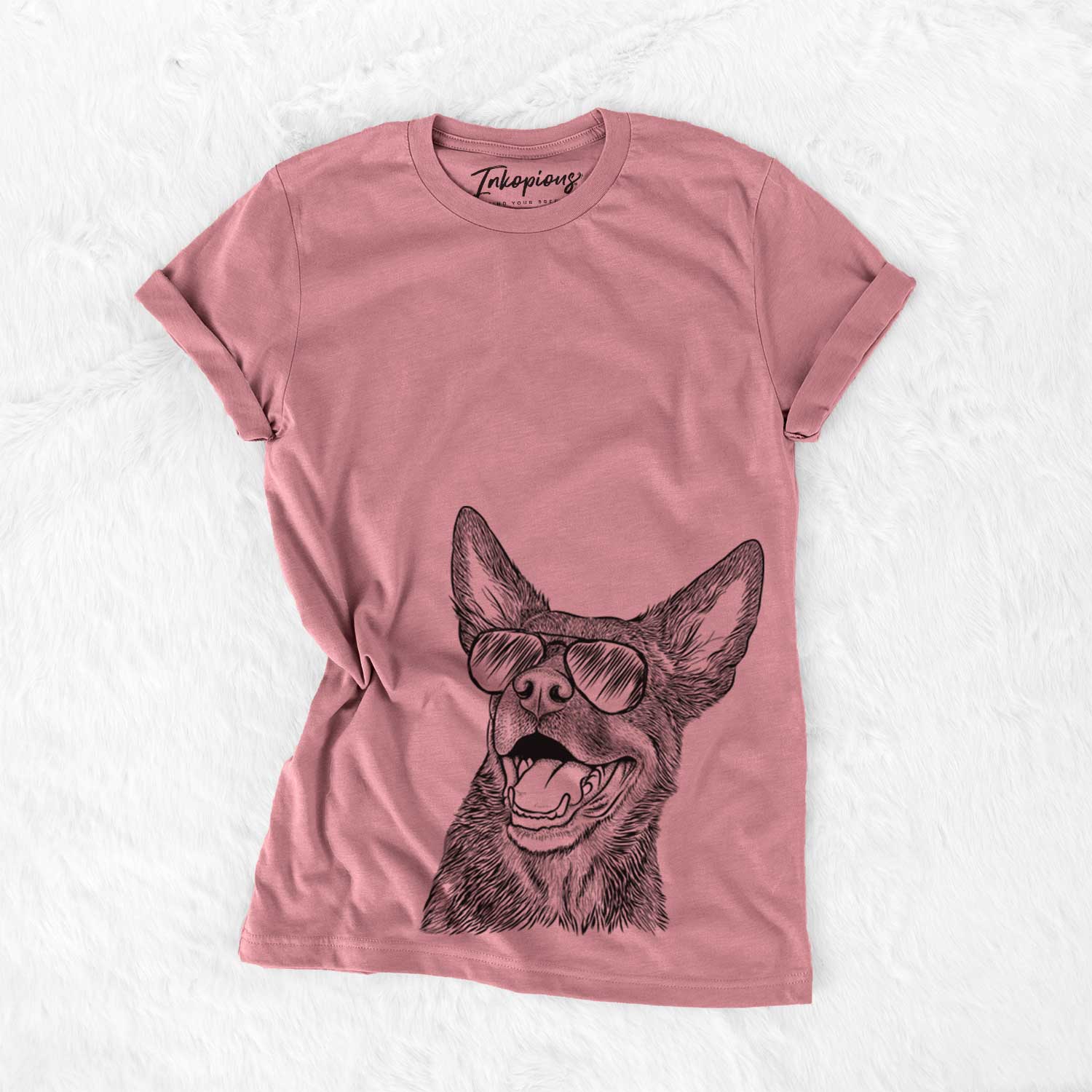 Hand-drawn sketch of Tucker the Australian Kelpie wearing aviator sunglasses on a Mauve Bella Canvas Unisex Crewneck