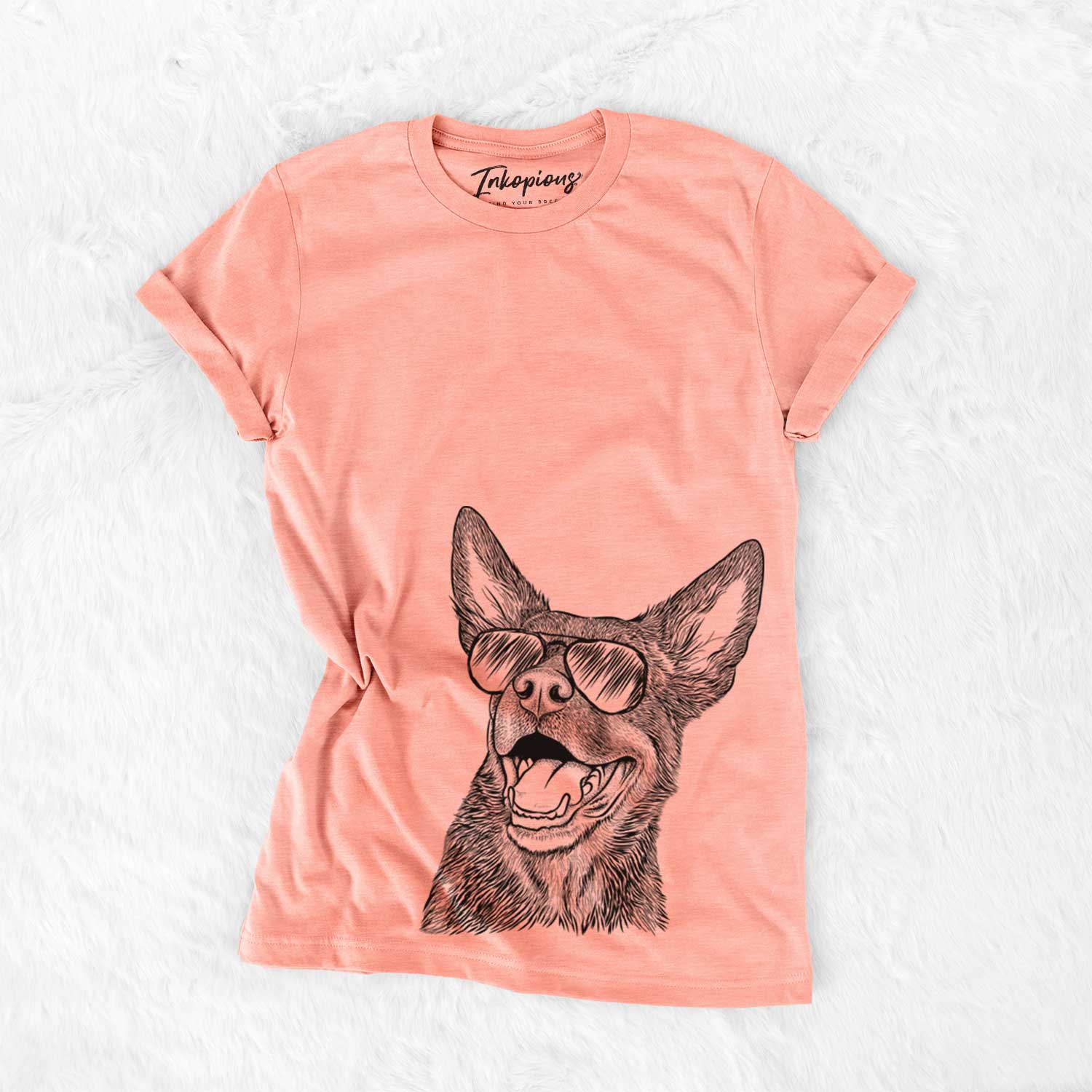 Hand-drawn sketch of Tucker the Australian Kelpie wearing aviator sunglasses on a Sunset Bella Canvas Unisex Crewneck