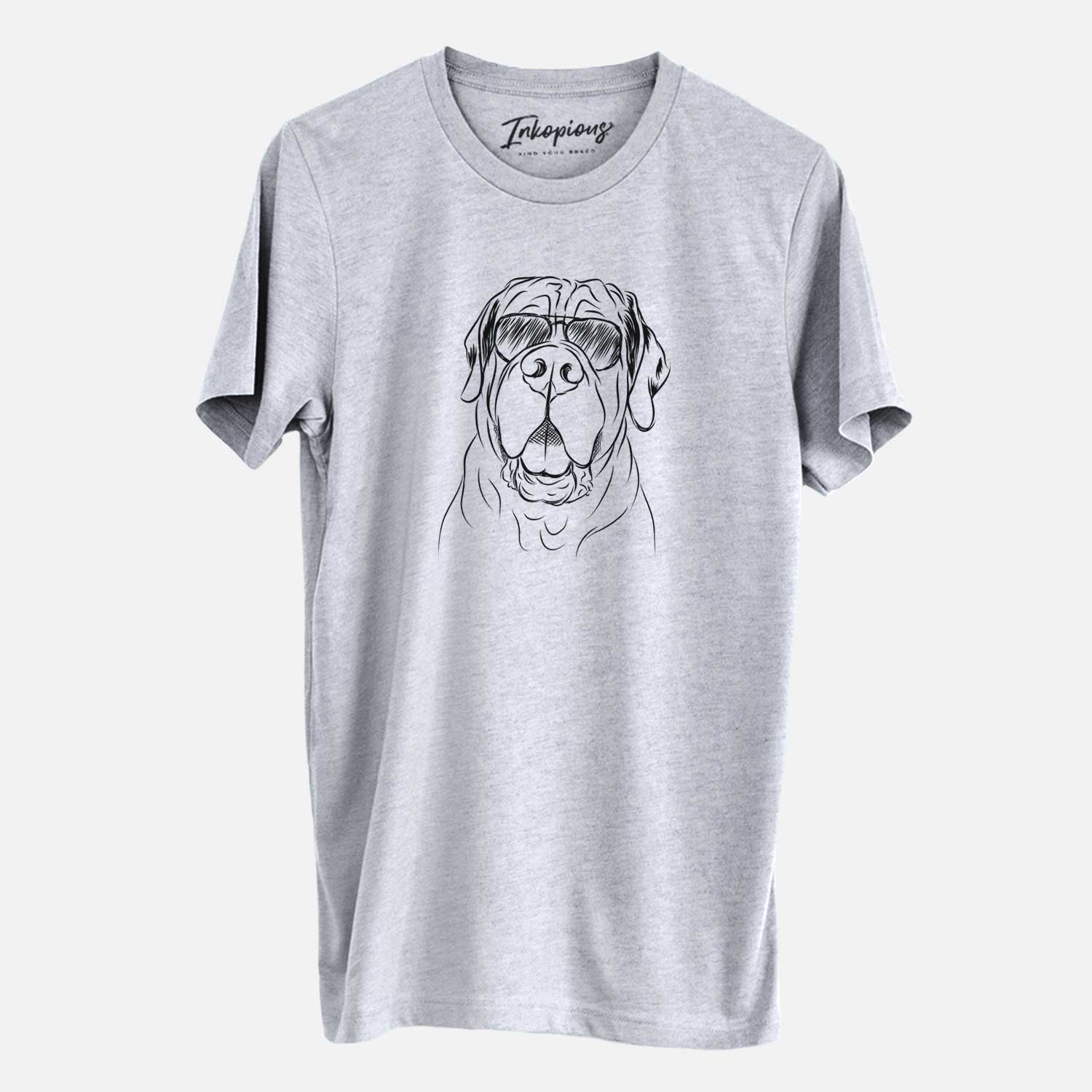 Hand-drawn sketch of Tufton the English Mastiff wearing aviator sunglasses on a Grey Unisex crewneck