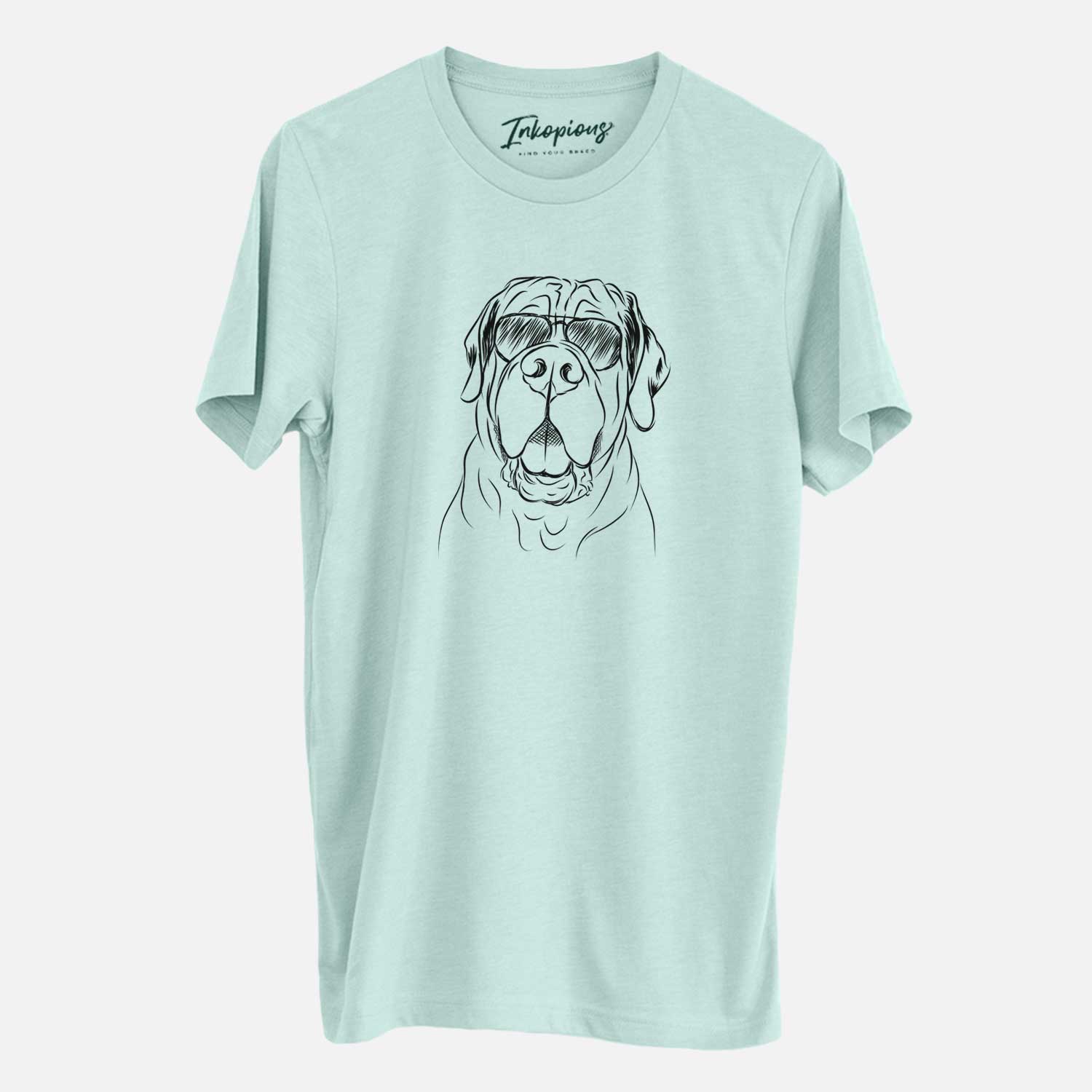 Hand-drawn sketch of Tufton the English Mastiff wearing aviator sunglasses on a Heather Sage Unisex crewneck