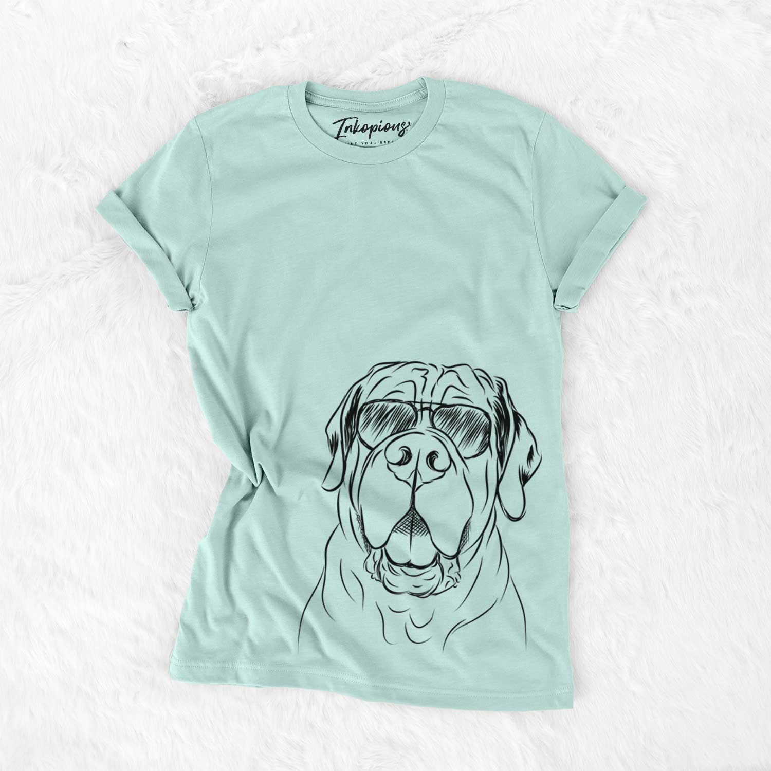 Hand-drawn sketch of Tufton the English Mastiff wearing aviator sunglasses on a Heather Sage Unisex crewneck
