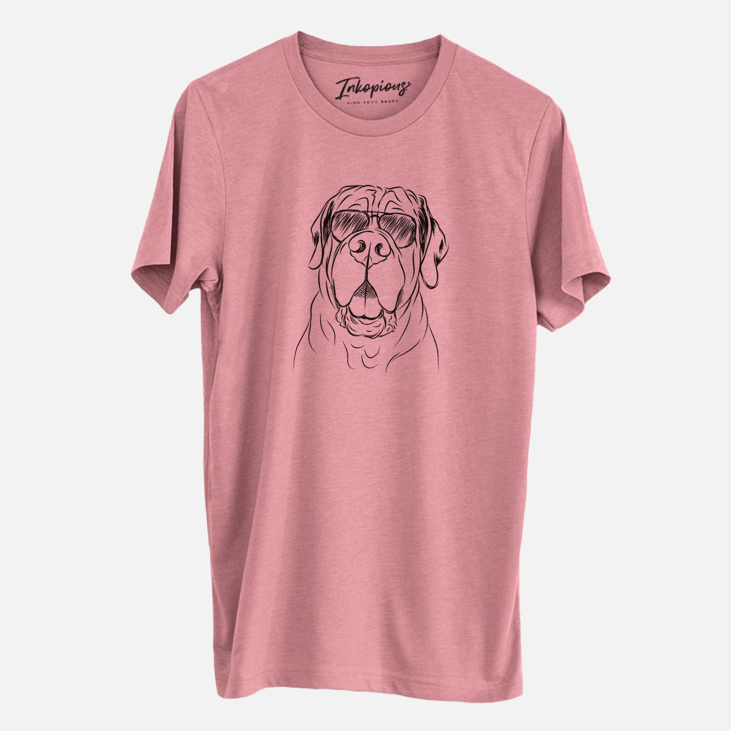 Hand-drawn sketch of Tufton the English Mastiff wearing aviator sunglasses on a Mauve Unisex crewneck
