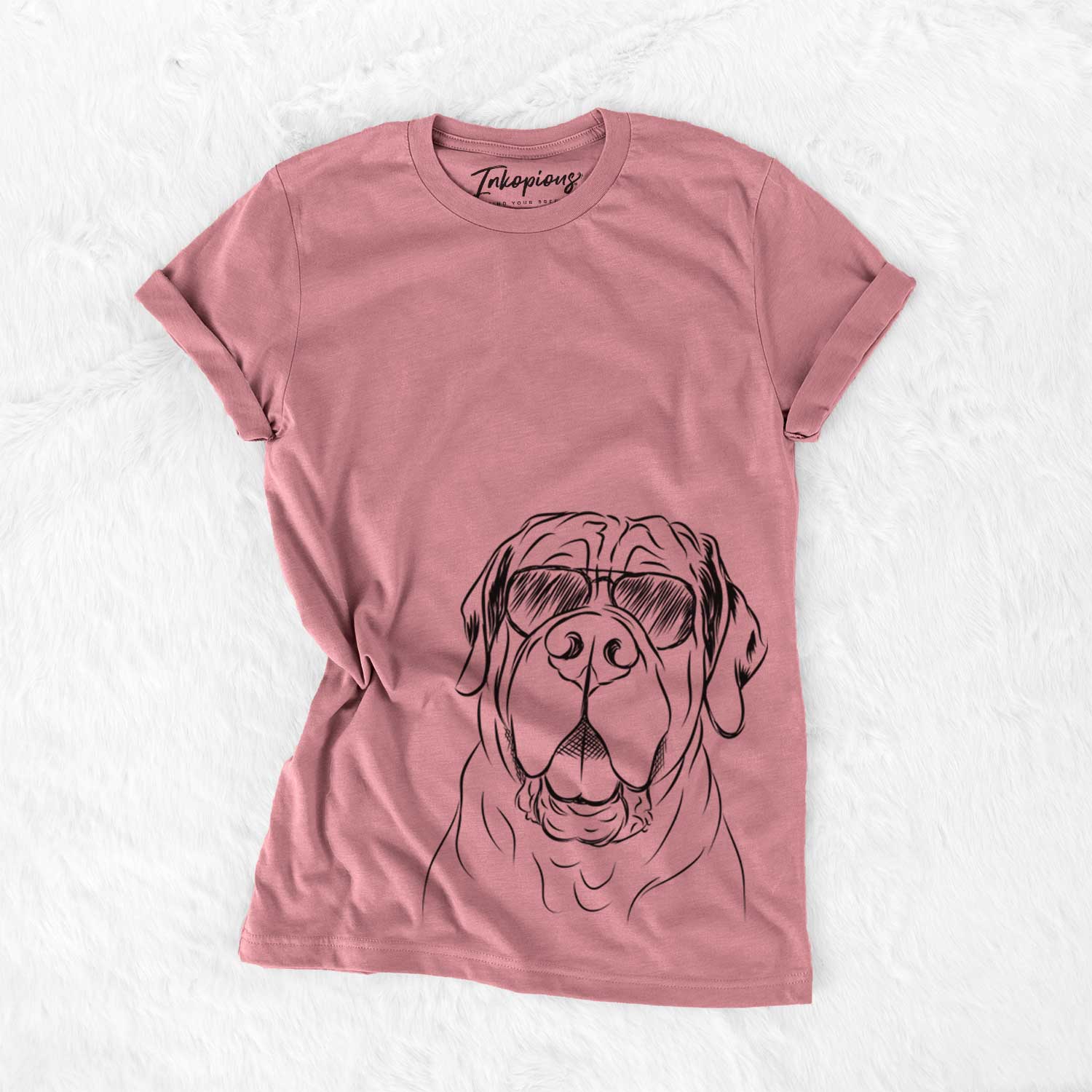 Hand-drawn sketch of Tufton the English Mastiff wearing aviator sunglasses on a Mauve Unisex crewneck
